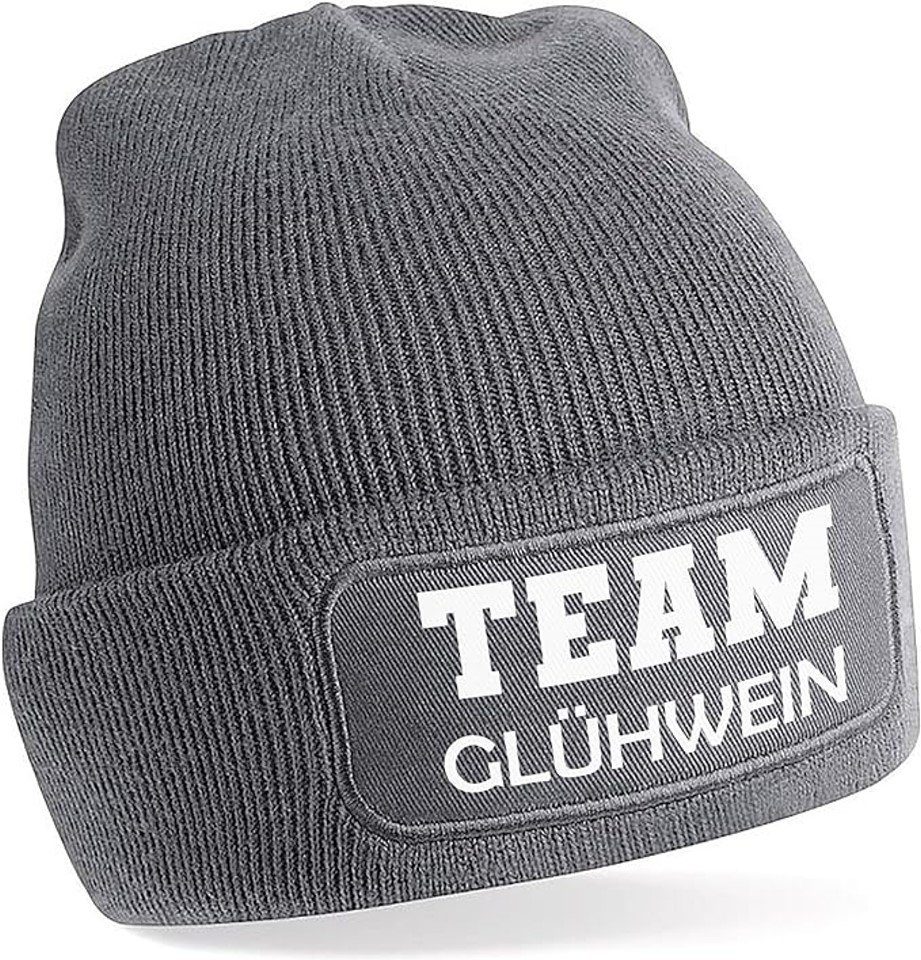 angenehm mit GLÜHWEIN (Mütze Aufdruck) weiche Strickmütze Spruch SoftTouch mit TEAM Wintermütze Herzbotschaft Grau warme Einheitsgröße und Skimütze Unisex