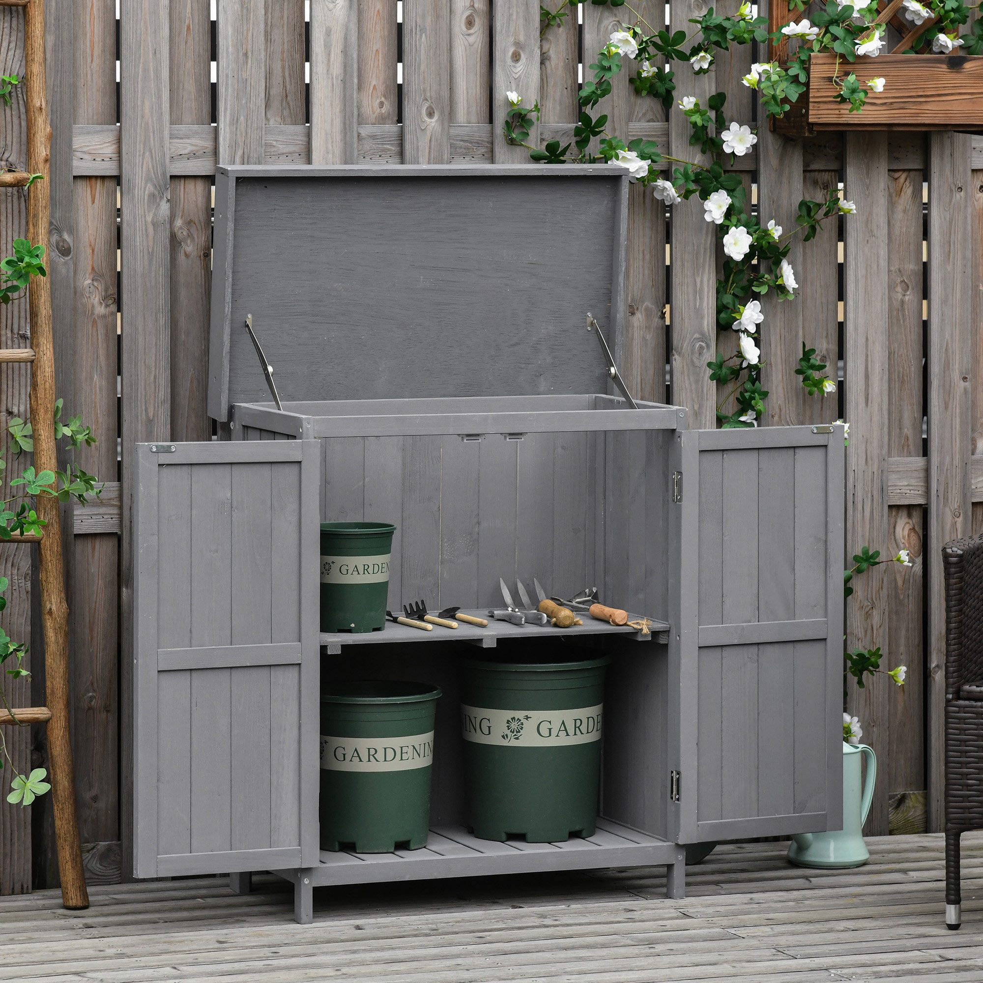 furnicato Garten-Geräteschrank Gartenschrank aus Massivholz, Grau, L74 x B43 x H88 cm, BxT: 43x74 cm, Witterungsbeständiger Geräteschrank mit Deckel und zwei Fachböden
