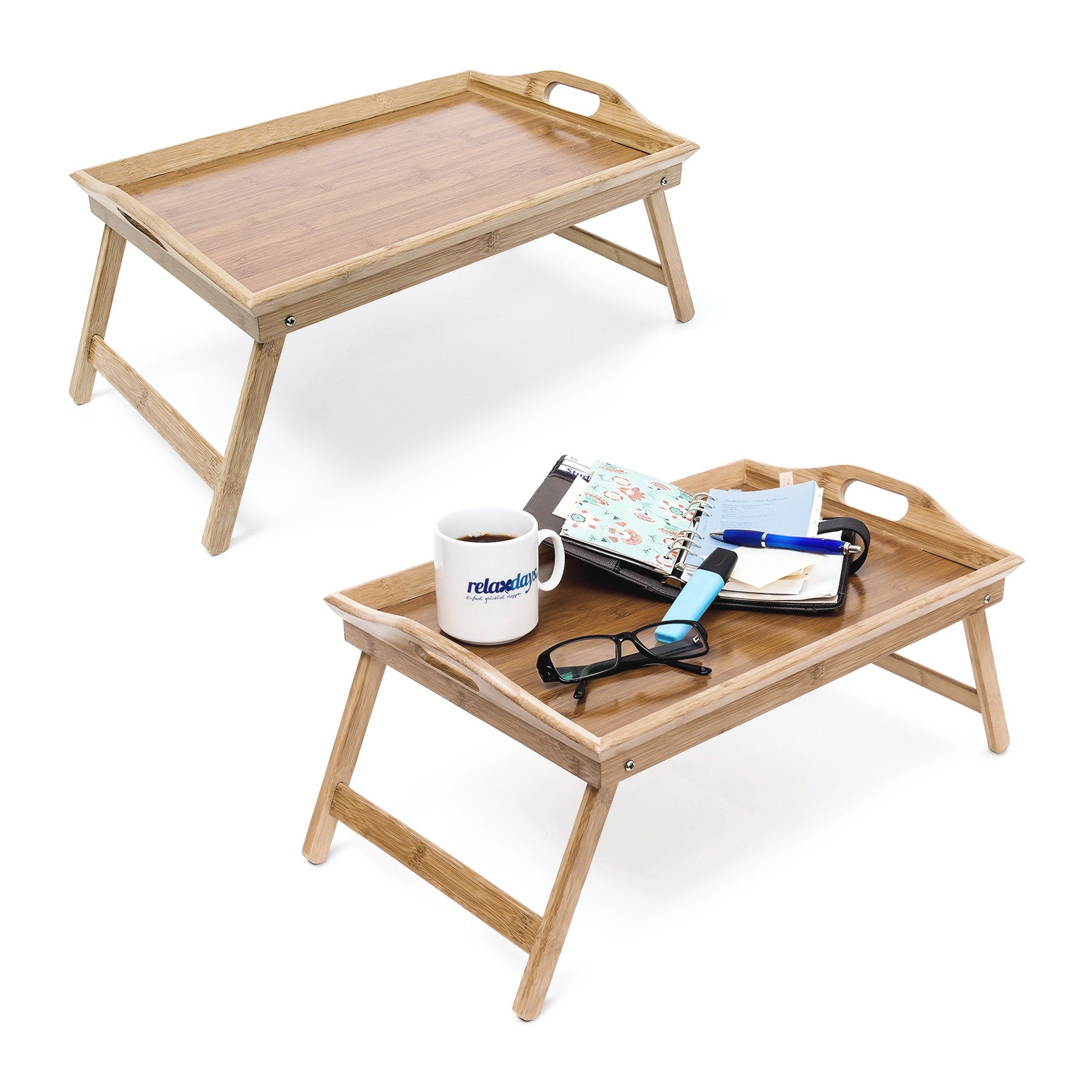 relaxdays Tabletttisch 2x Betttablett Bambus lackiert klappbar | Tabletttische