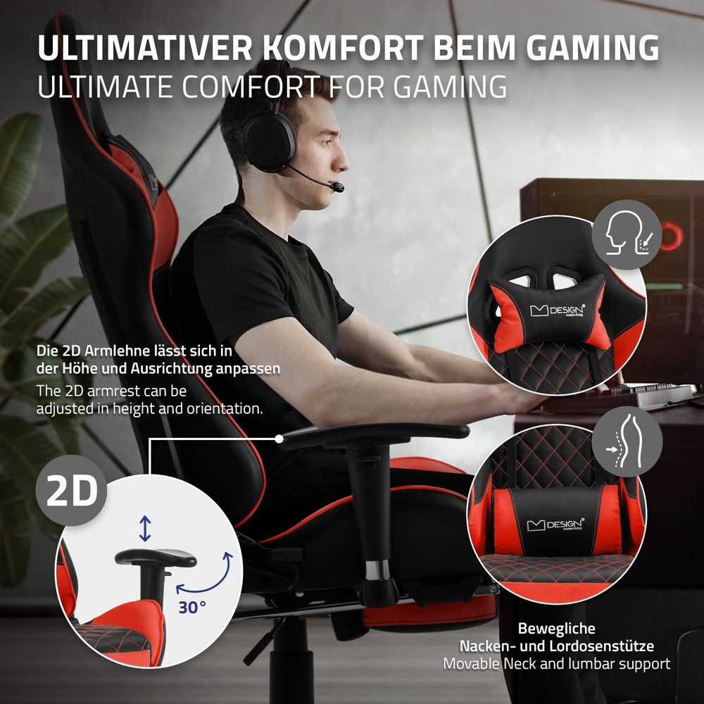 ML-DESIGN Bürostuhl Computerstuhl Schreibtischstuhl für Büro & Arbeitszimmer Drehsessel, Kunstleder Gaming Stuhl + 2 Kissen & Fußstütze ergonomisch anpassbar