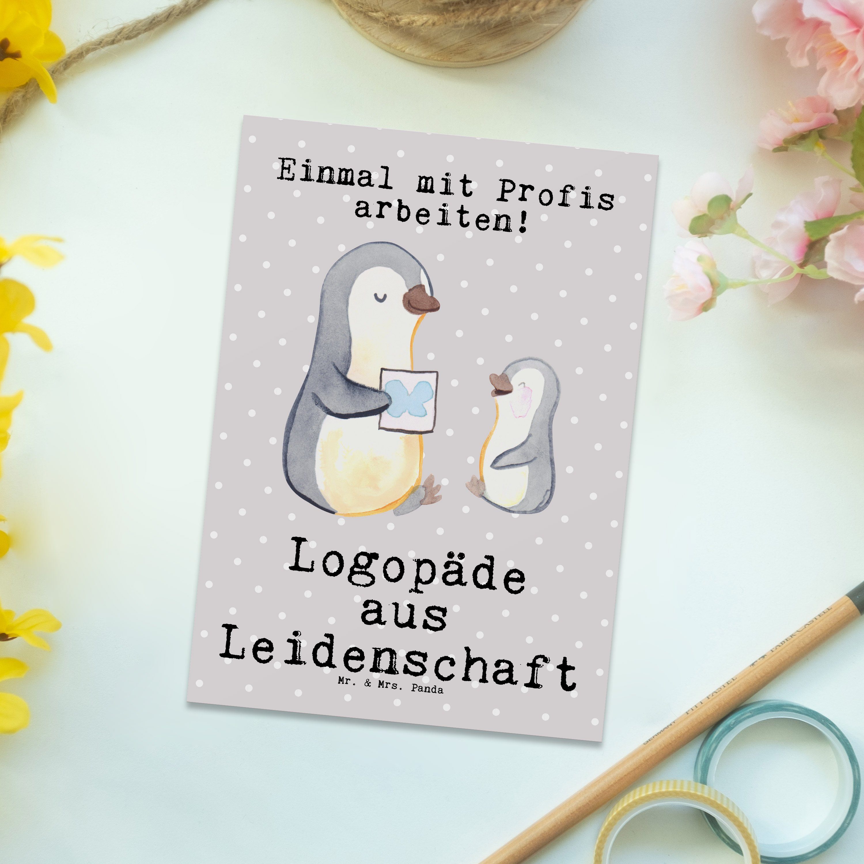 Mr. & Mrs. - Geschenk, Panda Postkarte Ab Kindergarten, - Grau aus Leidenschaft Logopäde Pastell
