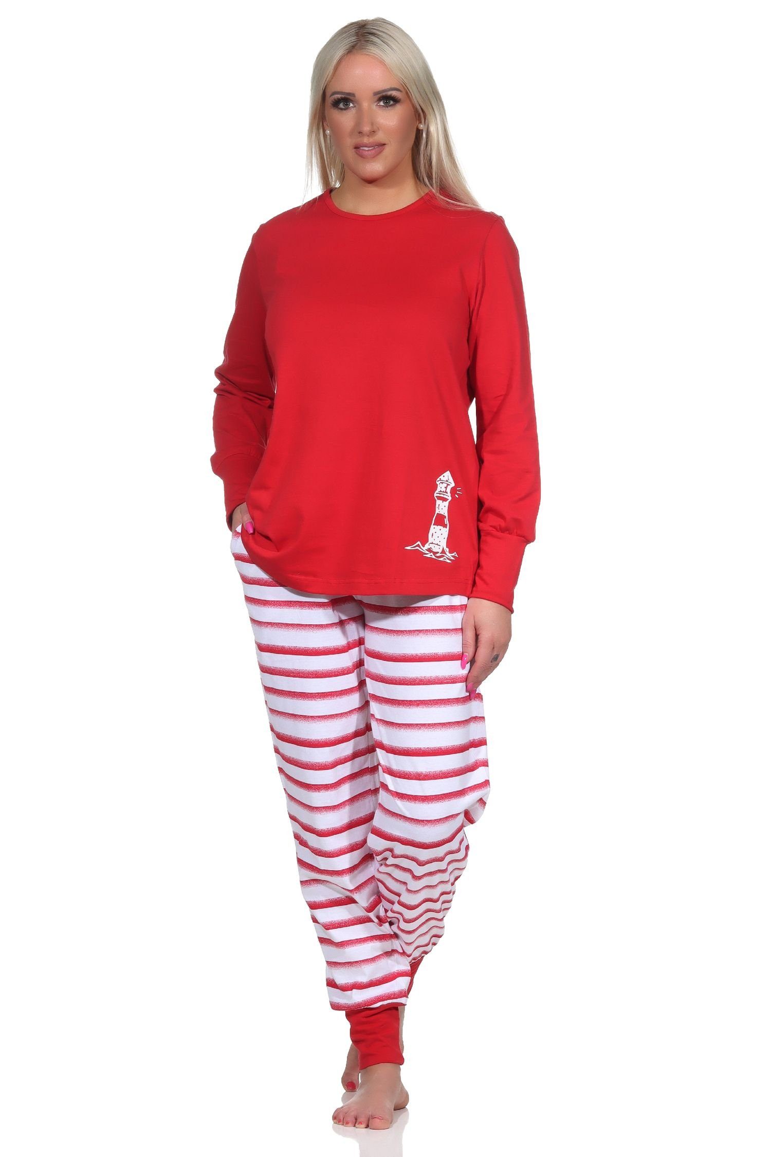 Normann Pyjama Maritimer Damen Schlafanzug mit Bündchen, Top mit Leuchturm Motiv rot