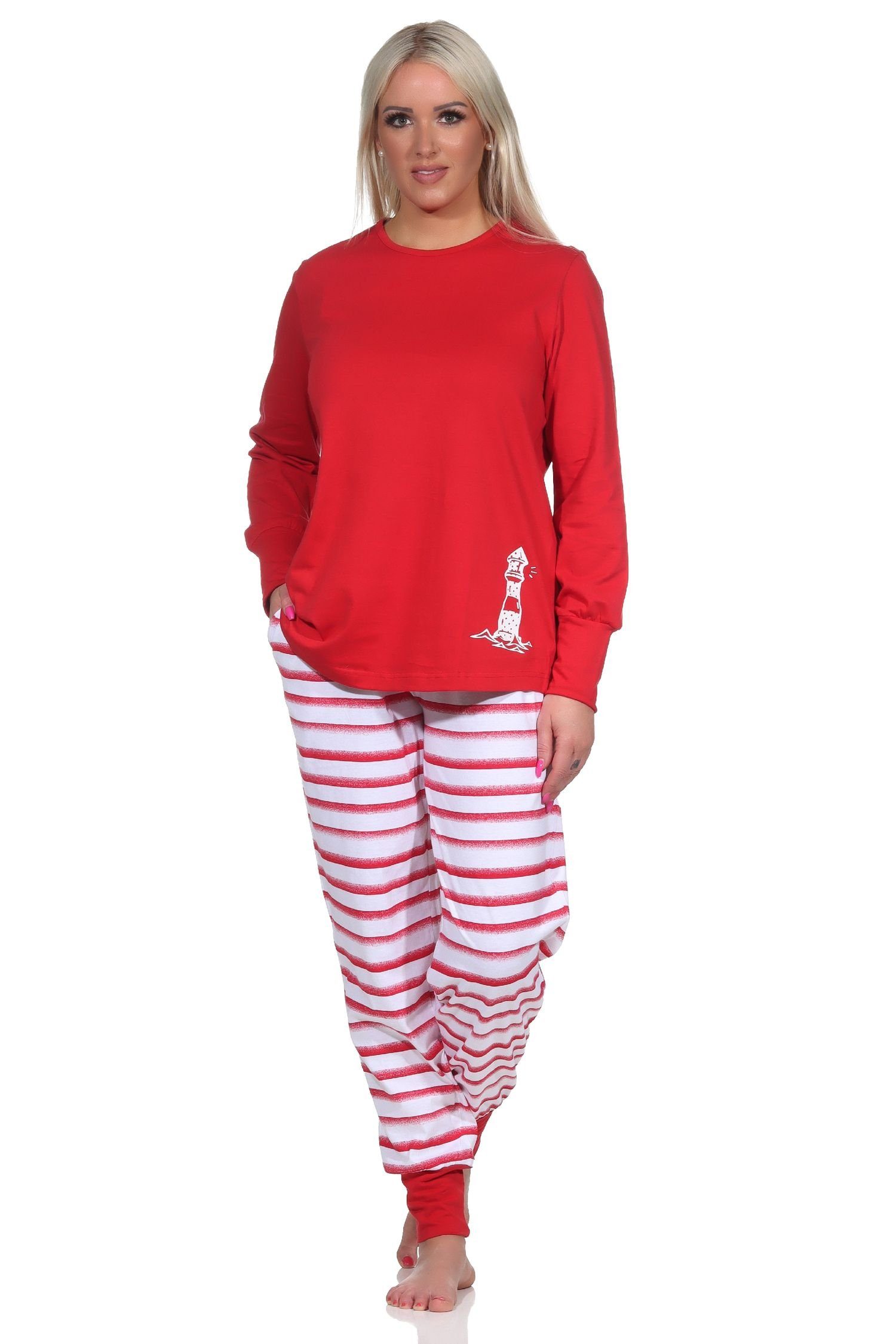 Damen Schlafanzug Langarm Mit Maritimem Anker-Motiv, 100% Baumwolle, OEKO-TEX - NORMANN