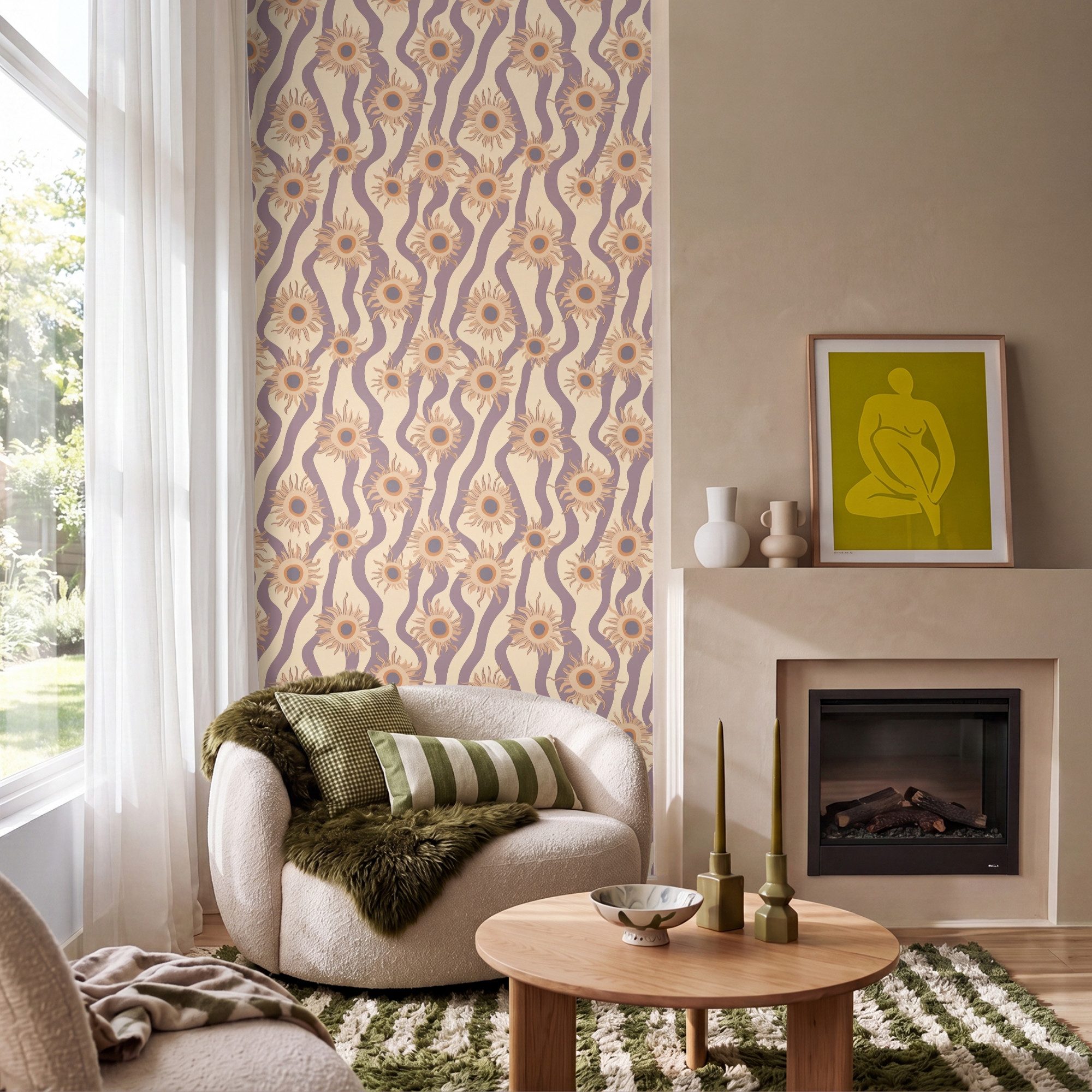 OnlyWow Fototapete Bohemian - Vibe - Lavendel lila, Matt, bedruckt, Wandtapete, Schlafzimmer, Wanddekoration 100x220cm