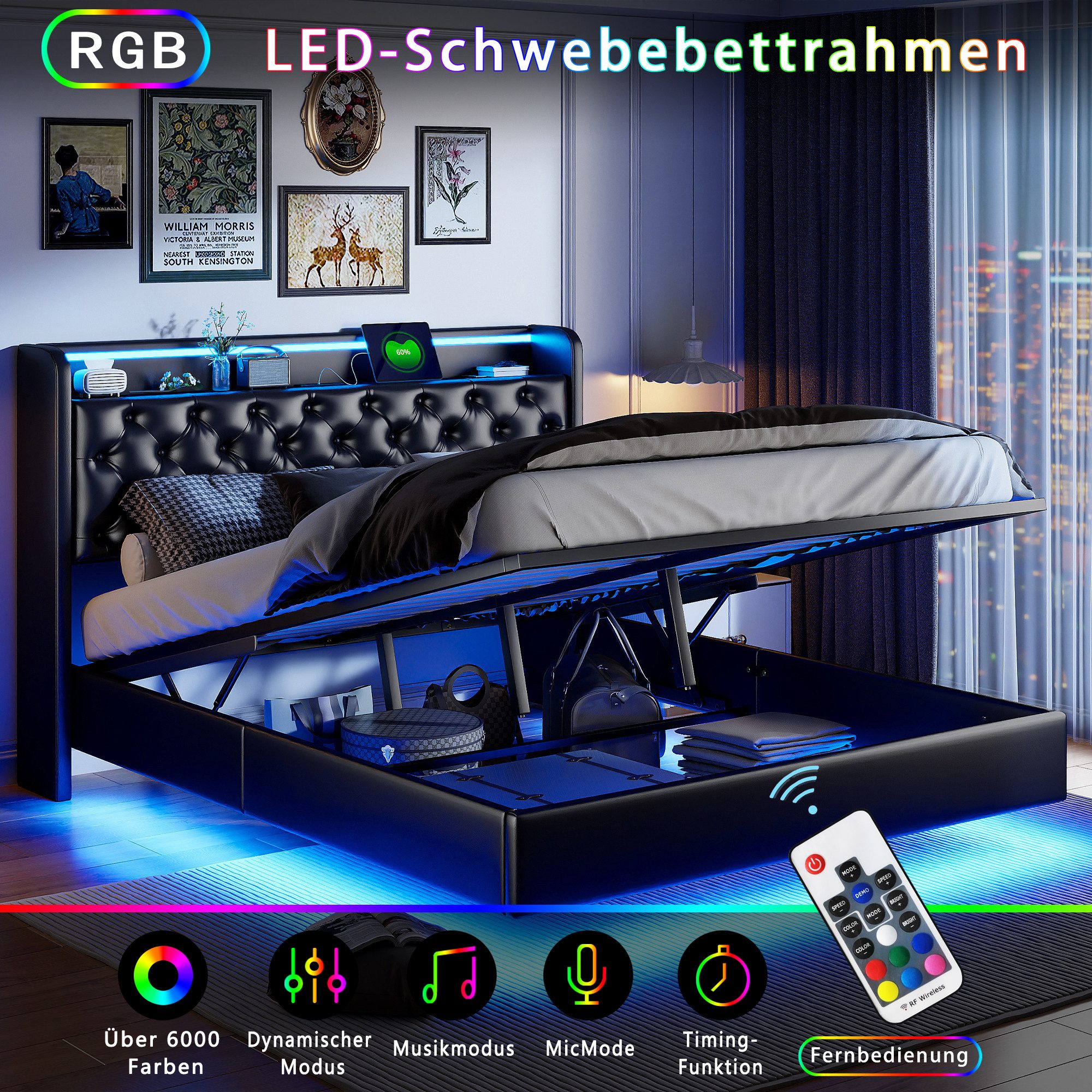 FUROKOY Polsterbett LED-Beleuchtung Hydraulisches Doppelbett (Set, günstig online kaufen