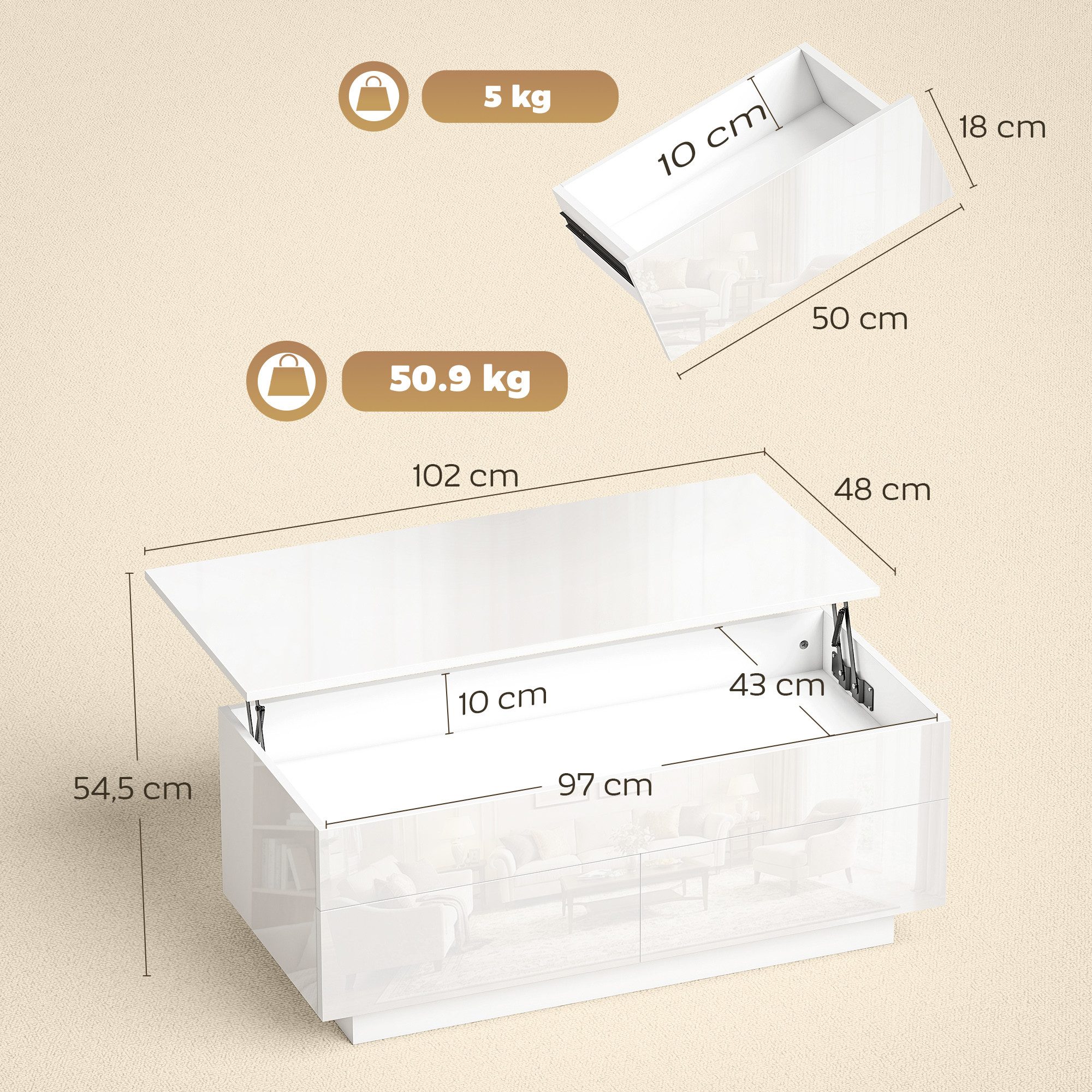 HOMCOM Couchtisch mit Hebeplatte und Schublade (Packung, 1-St., 1 Tisch), Tischplatte höhenverstellbar, Stauraum