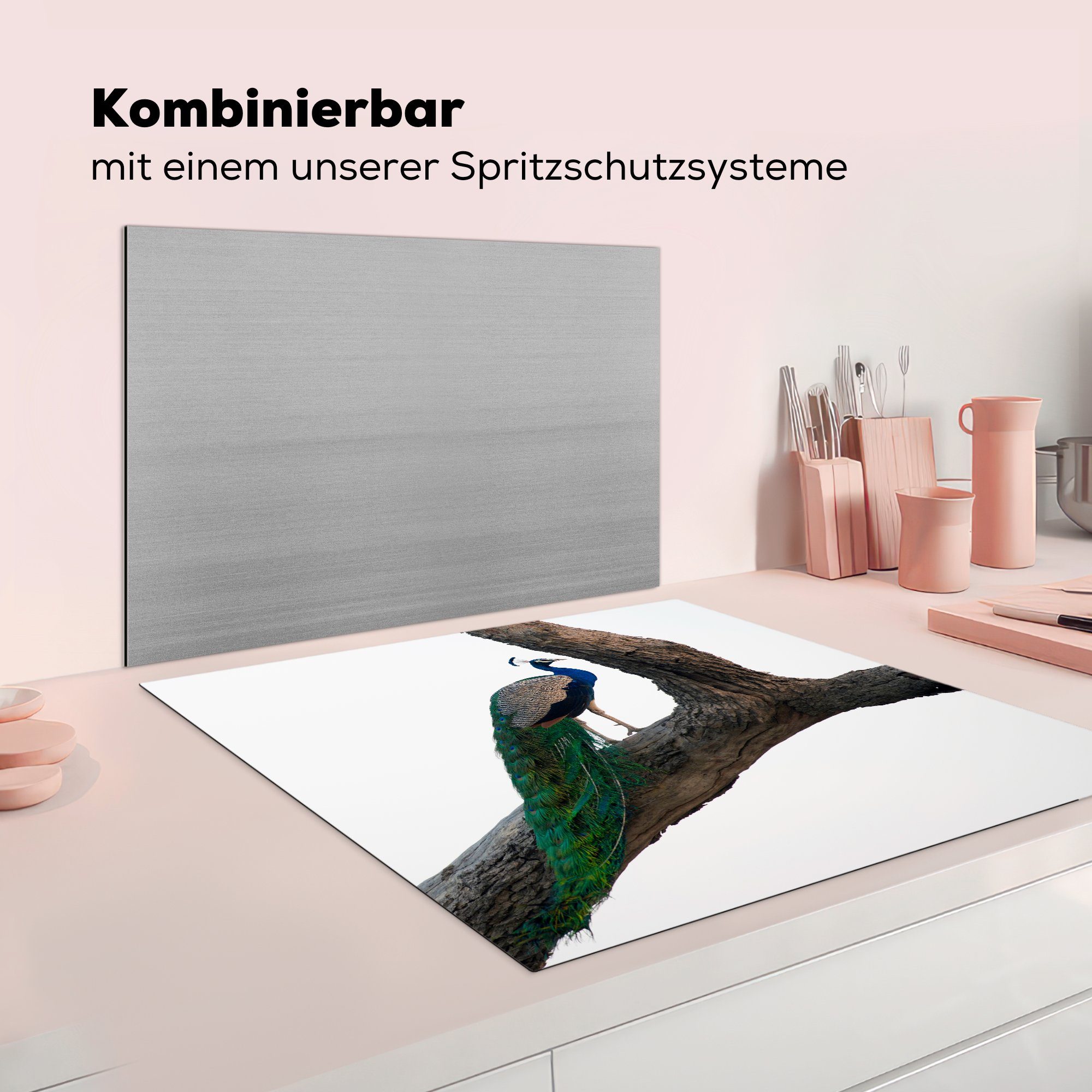 Pfau tlg), MuchoWow (1 Arbeitsplatte - Blau, Herdblende-/Abdeckplatte Vinyl, Baum für cm, 78x78 Ceranfeldabdeckung, küche -