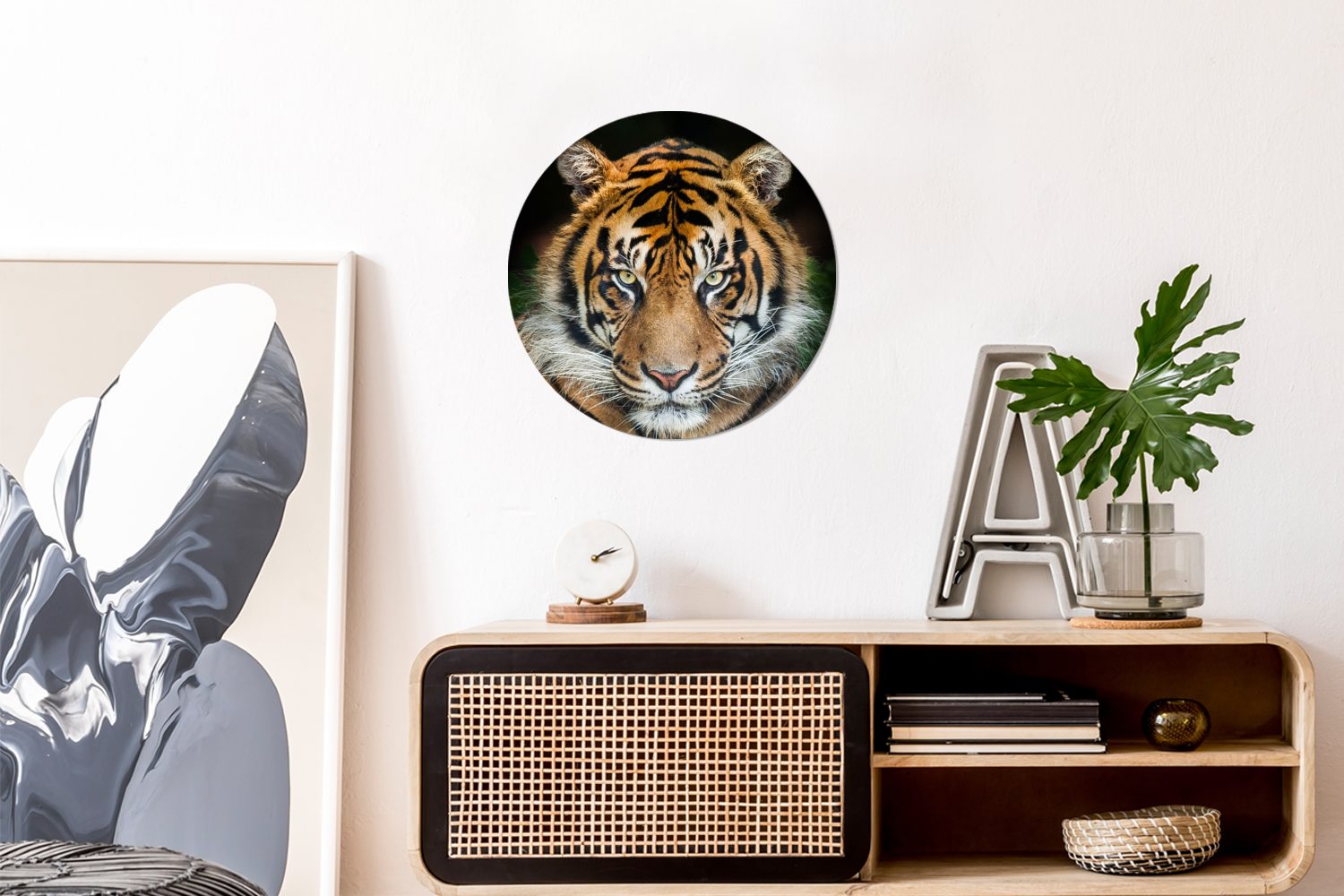 MuchoWow Gemälde Sumatra-Tiger Hintergrund, Wohnzimmer, Wanddekoration Forex, einem schwarzen cm (1 Kreis Rundes vor St), 30x30 Wandbild