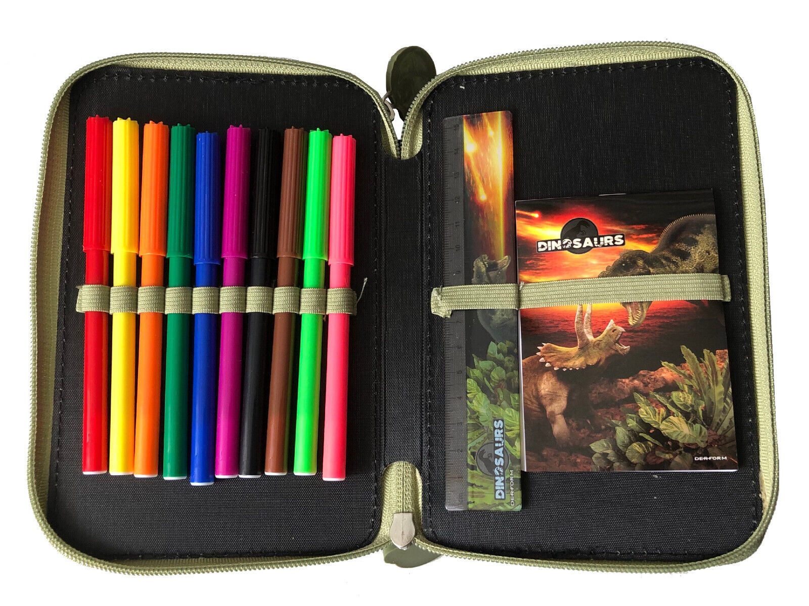 DERFORM Schulranzen 5 tlg. Set Tornister Dinosaurier Dino Turnbeutel Brotdose Federtasche (Set, 5-tlg., Brotdose und Trinkflasche, Schulranzen mit Federmappe Turnbeutel)