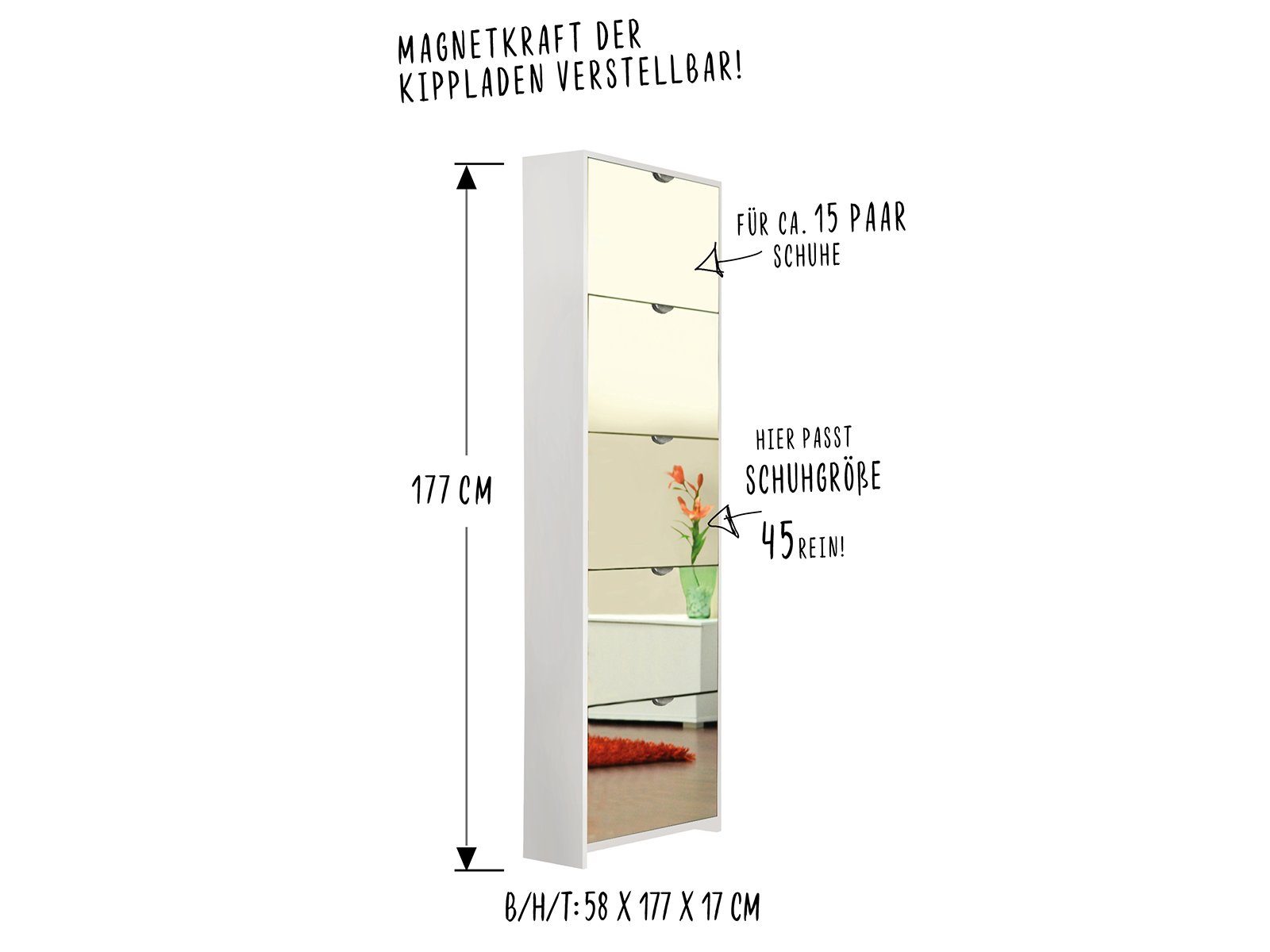 möbelando Schuhkipper verstellbar. in Konstanz, Spiegelfront die und 58 Weiß ist mit 5 cm, Magnetkraft Schuhkipper, Höhe cm cm, 177 praktischer der Moderner 17 Klappen, Tiefe Verschlüsse Breite