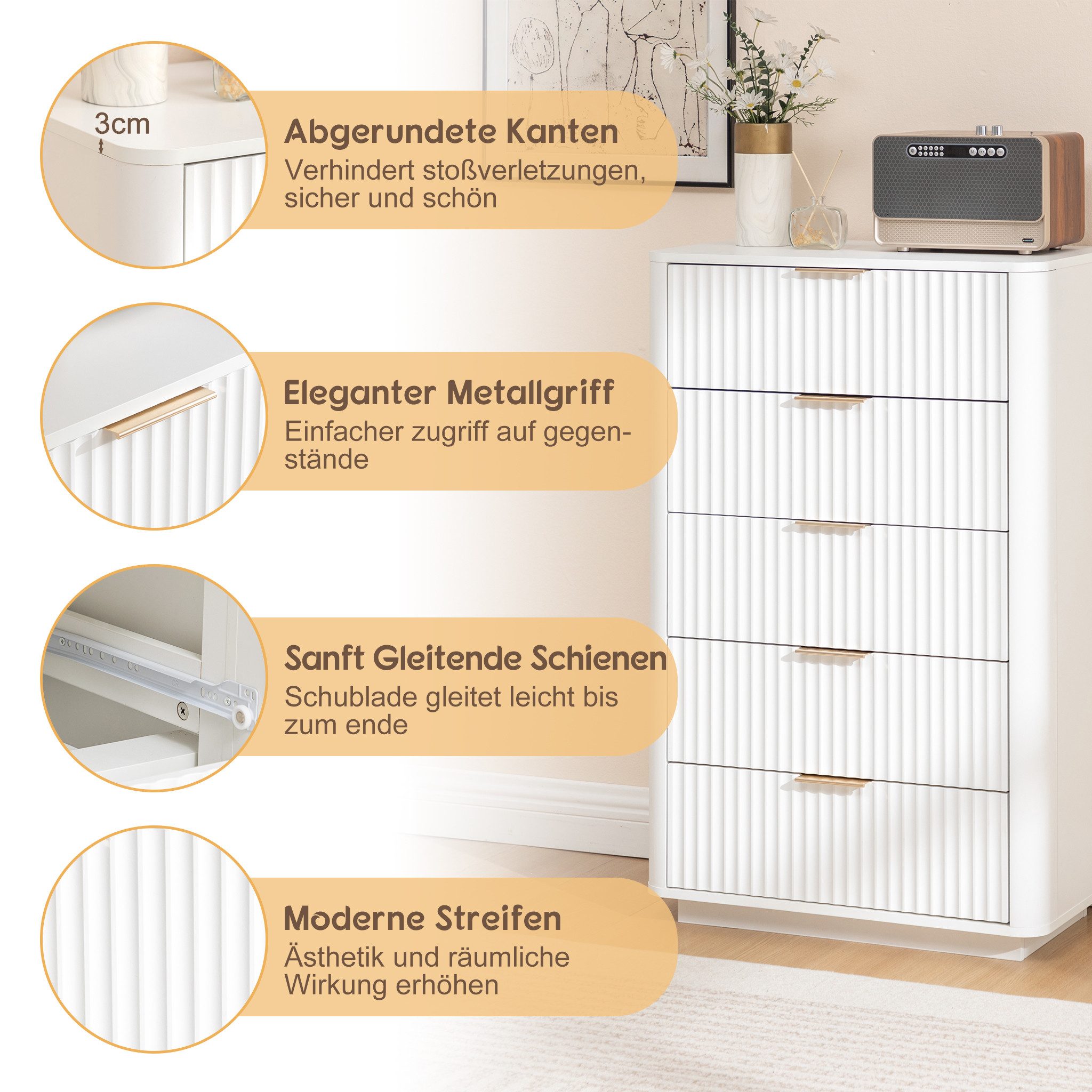 Thanaddo Sideboard Moderner weißer Aufbewahrungsschrank/Nachttisch mit Metallgriffen – Bild 5 von 5