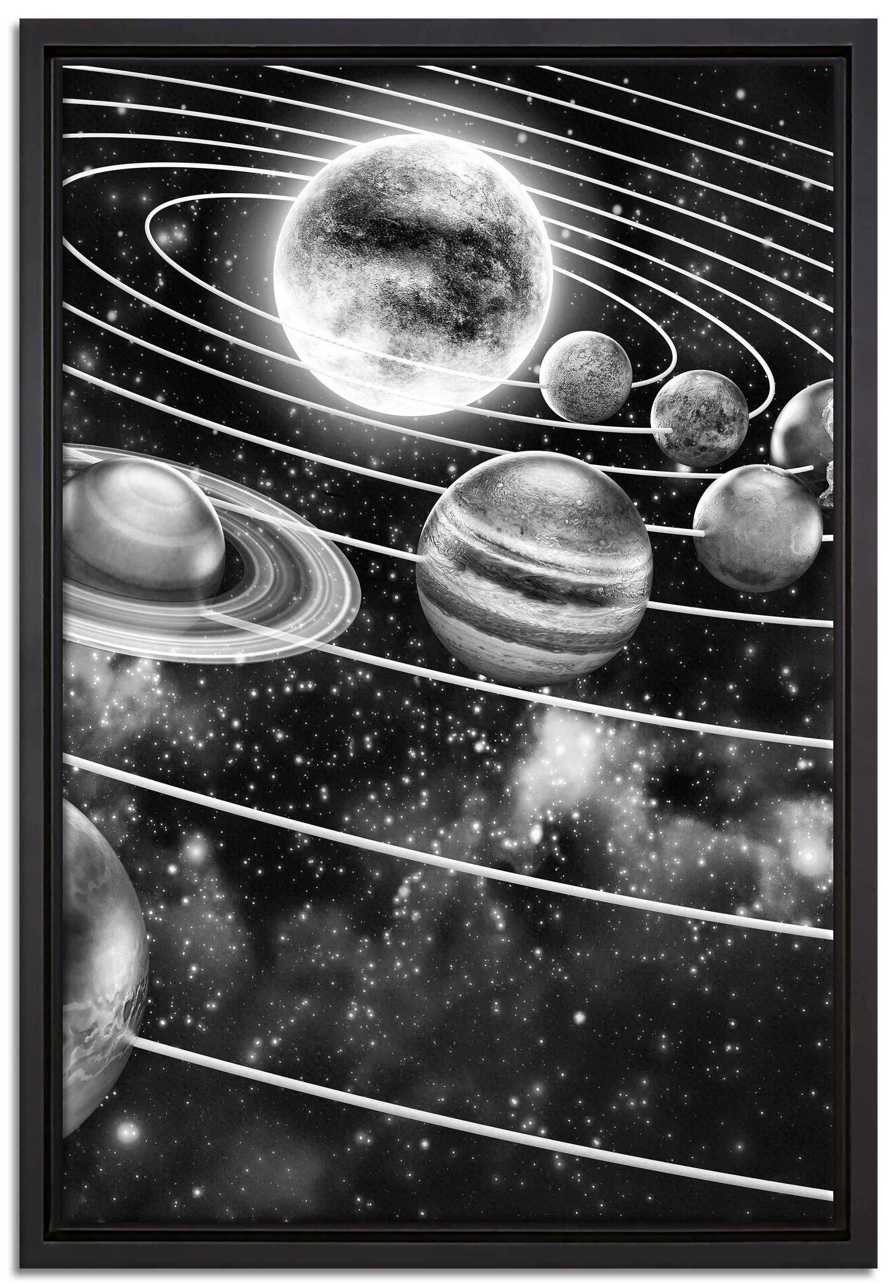 Pixxprint Leinwandbild Sonnensystem mit unseren Planeten, Wanddekoration (1 St), Leinwandbild fertig bespannt, in einem Schattenfugen-Bilderrahmen gefasst, inkl. Zackenaufhänger