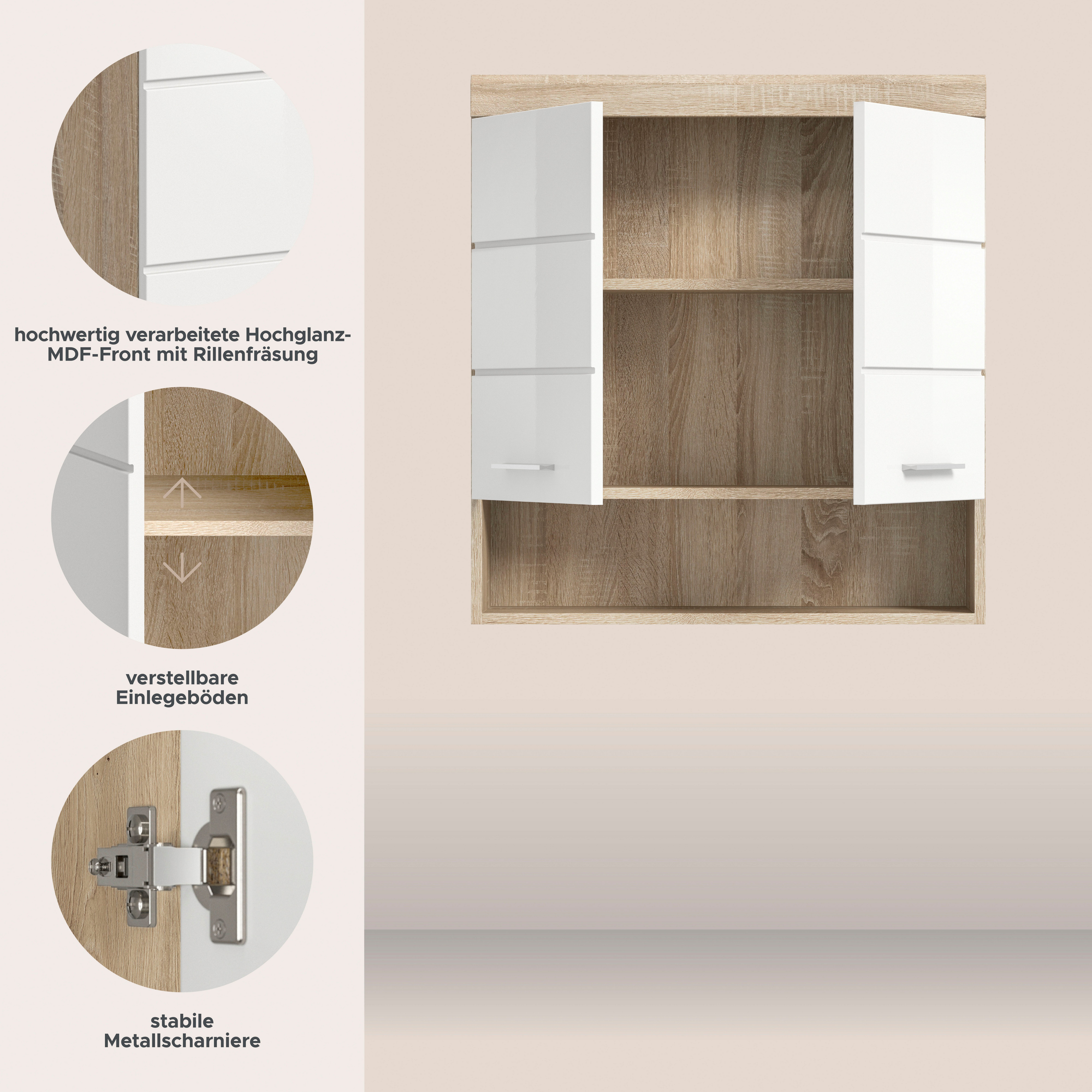 welltime Hängeschrank SIENA, Breite 74cm, 2 Türen, 1 offenes Fächer, MDF-Front (TOPSELLER) in verschiedenen Farben erhältlich, Badmöbel, Badschrank, Schrank, Bad