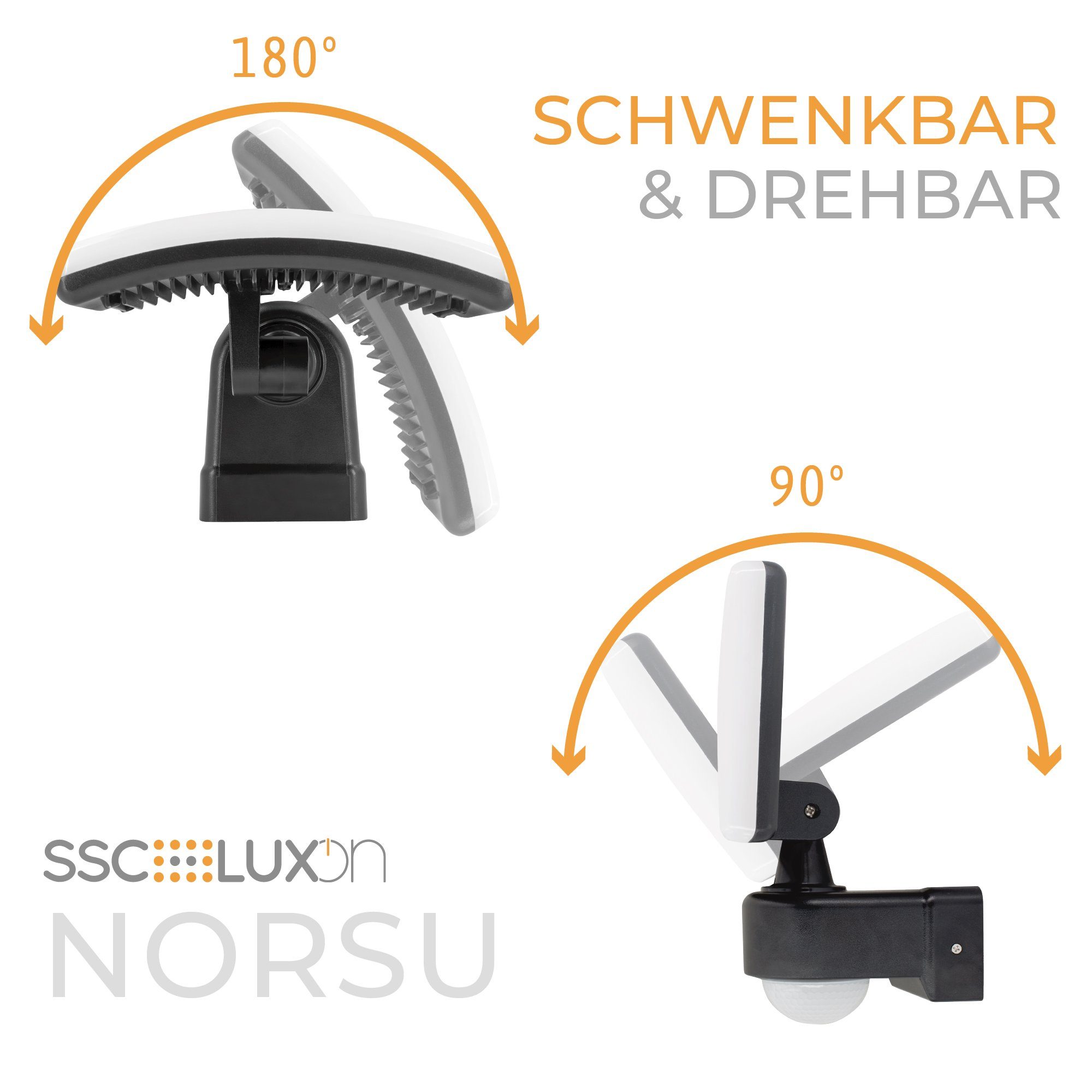 SSC-LUXon LED Neutralweiß schwenkbar 230V, LED Aufbaustrahler & NORSU Bewegungsmelder hell 29W Wand Außenlampe