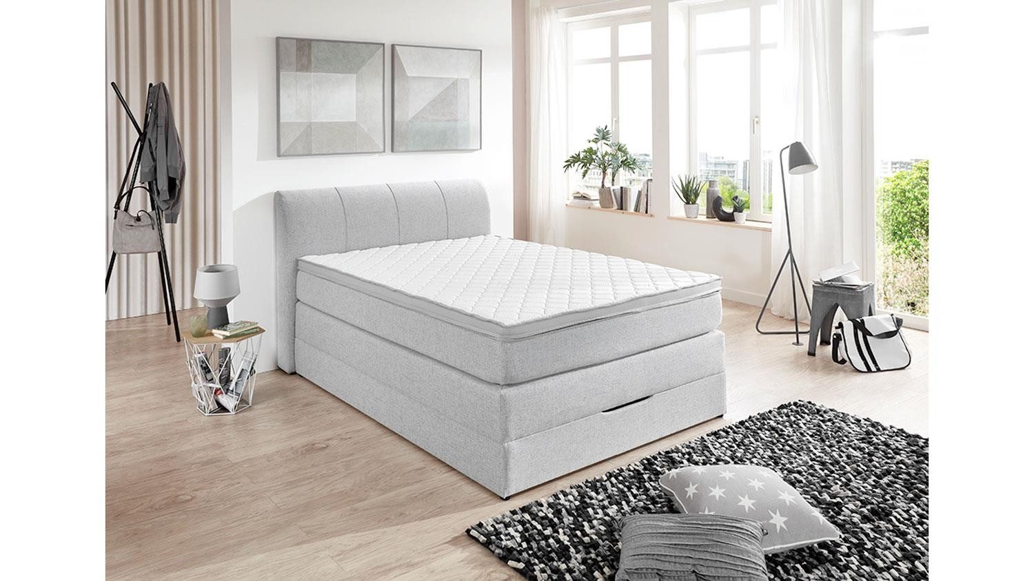 Sun Garden Boxspringbett Boxspringbett Modesto Stoff silber Topper 140x200 cm