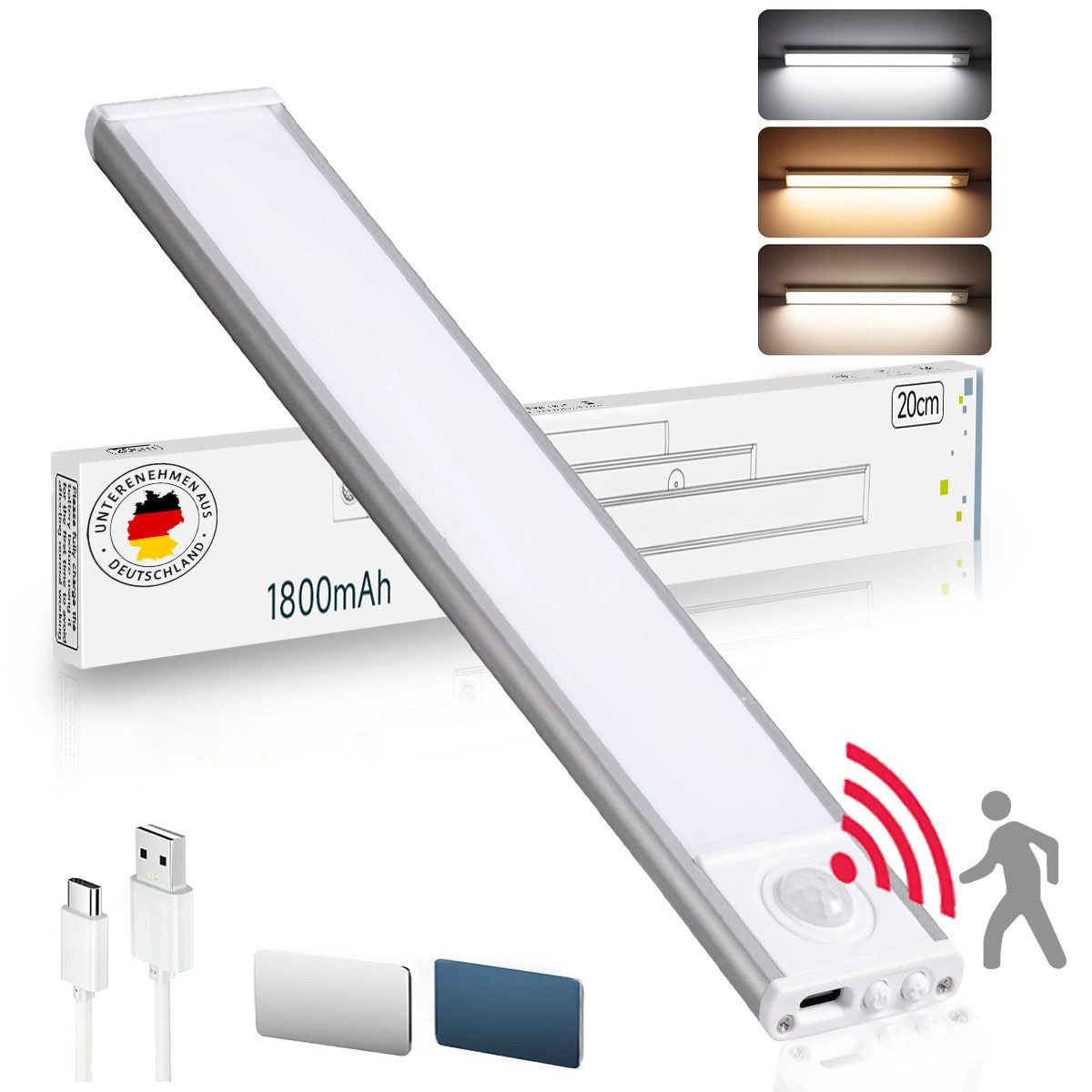 FOSMET LED Unterbauleuchte Led Unterbauleuchte Küche 1800mAh Dimmbar Schrankbeleuchtung 20&30 cm, 3500K, 4500K, 6500K, Farbmodi, Hell USB Aufladbar Lichtleiste, Dimmbar Nachtlicht für Treppenbeleuchtung und Kueche, Warmweiß (3500 K), Neutralweiß (4500 K), Kaltweiß (6500 K), Dimmbar Nachtlicht für Treppenbeleuchtung und Kueche, 1800 mah Wiederaufladbarer Akku