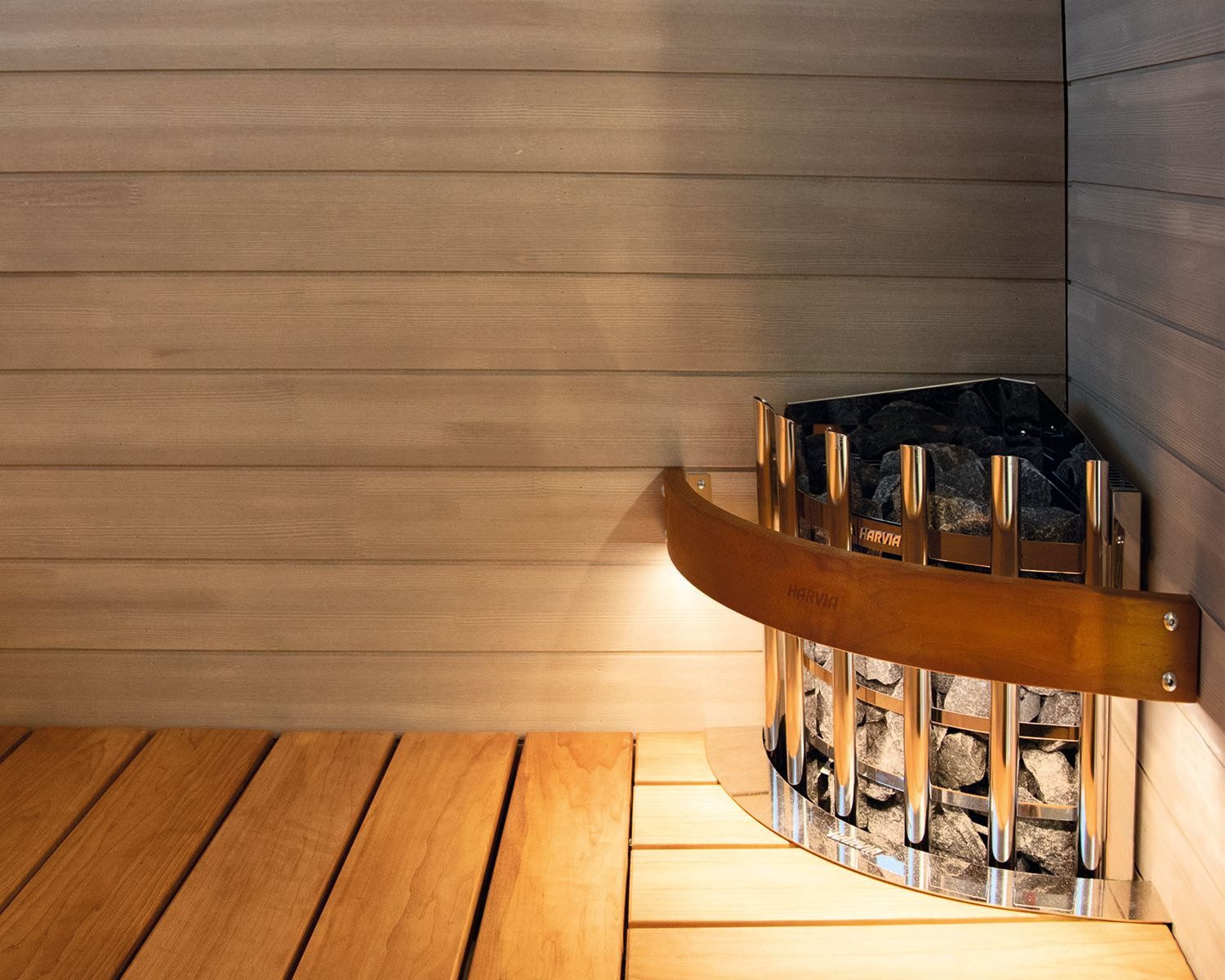 HARVIA Saunaofen Harvia Glow Corner HTRC3L Schutzreling mit LED, (Harvia Glow Corner TRC70, TRC70E, TRC70XE, TRC90, TRC90E und TRC90XE), Beleuchtete Schutzreling: Passgenaue Eckform