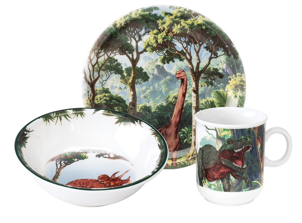 Seltmann Weiden Kombiservice Kinder-Set 3-teilig Compact Dino, Becher, Frühstücksteller, Schüssel (3-tlg), 1 Personen, Porzellan, Becher, Frühstücksteller, Schüssel, Dinosaurier