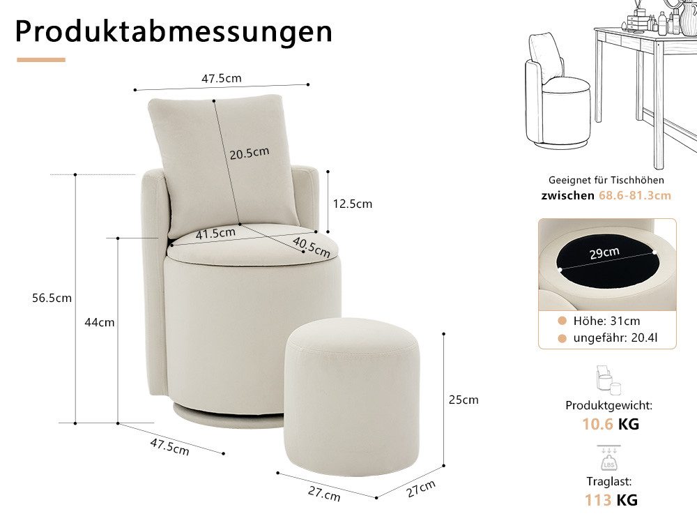 DEKKETO Stuhl Samt mit Stauraum & 360° Drehfuß, Ergonomischer Schminkhocker (1 St), Schminkstuhl mit Rückenlehne, Inklusive Fußhocker und Kissen – Bild 2 von 5