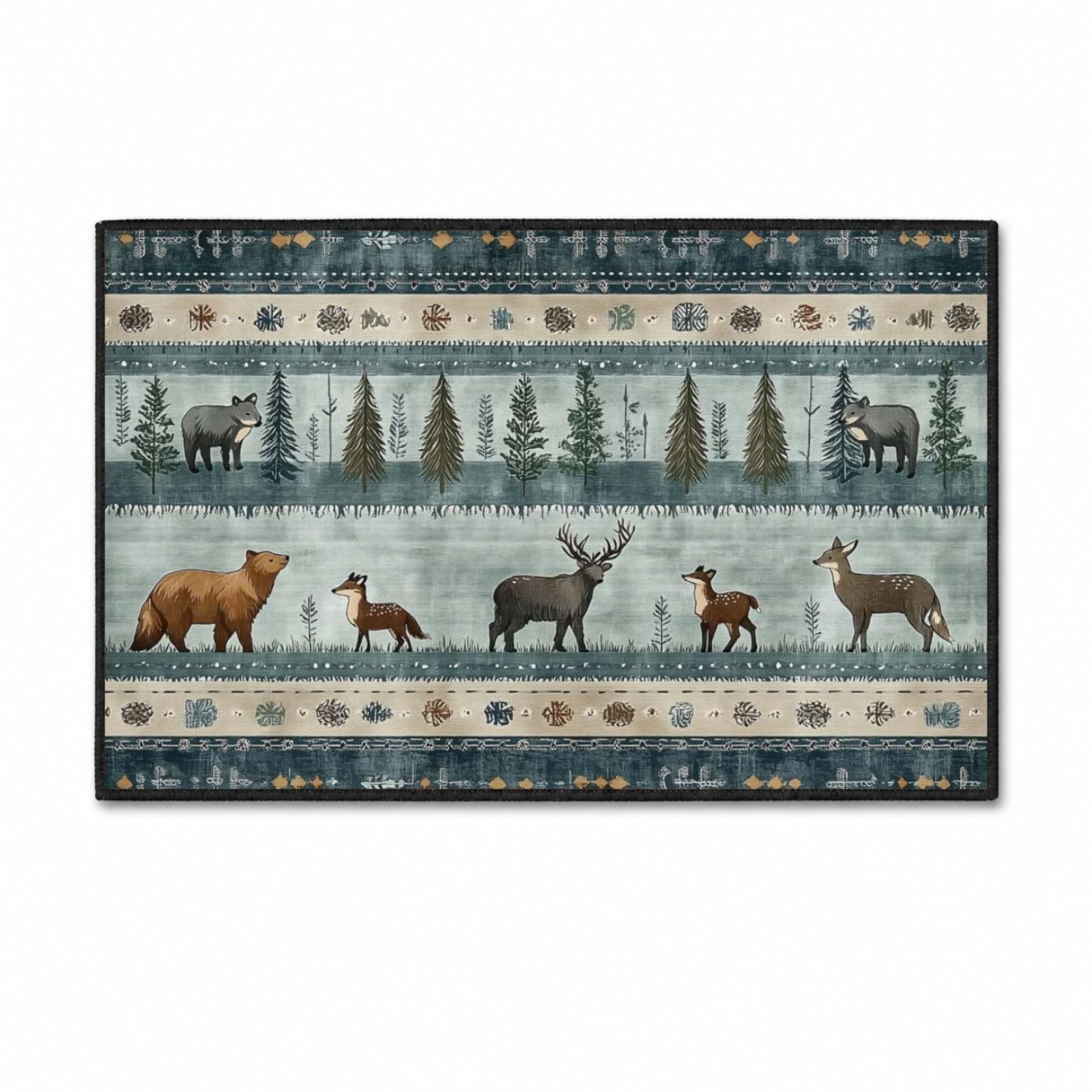 Jumpeak Teppich Wald‑Teppich Wildtiere Ethno‑Motiv, Hirsch Bär Fuchs Design, Rechteckig, Höhe: 5 mm, rutschfest, weich für Wohn‑ und Kinderzimmer
