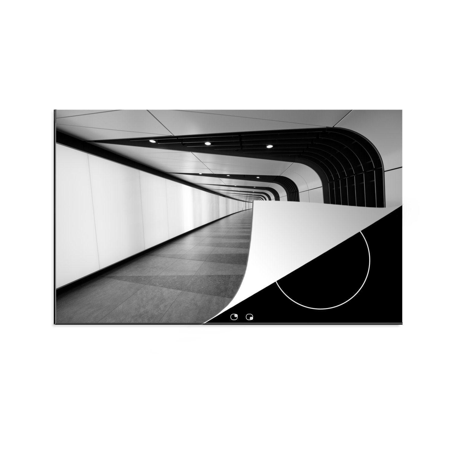 MuchoWow Herdblende-/Abdeckplatte Schwarz-Weiß-Ansicht eines U-Bahn-Tunnels im Londoner Bahnhof, Vinyl, (1 tlg), 81x52 cm, Induktionskochfeld Schutz für die küche, Ceranfeldabdeckung