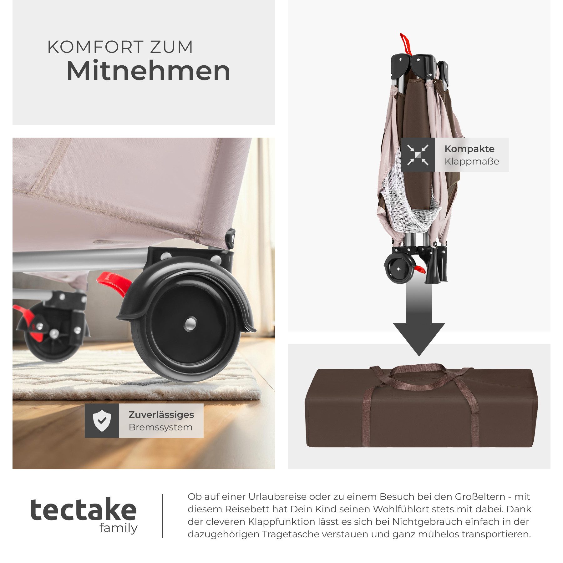 tectake Baby-Reisebett Kinderbett 126x65x80cm mit Transporttasche, mit großen Mesh-Einsätzen und Seiteneingang in Kaffee Farbe