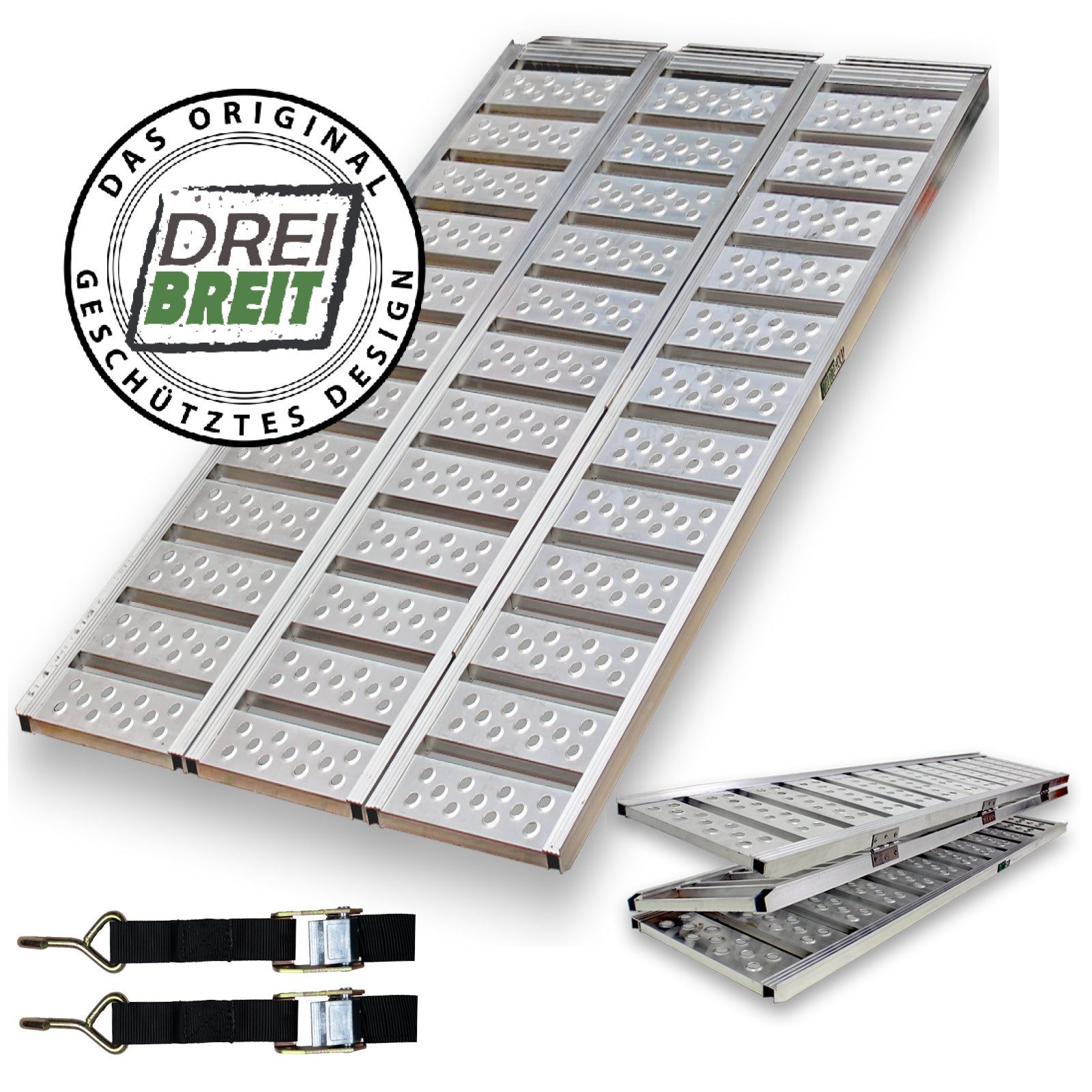 TRUTZHOLM Auffahrrampe DREIBREIT 2-fach klappbar 175 cm Tragkraft 1020 kg Alu gelocht grau (1-St., Inkl. 2x Spanngurt), stabile Konstruktion, hochwertige Verarbeitung, kompakte Bauweise