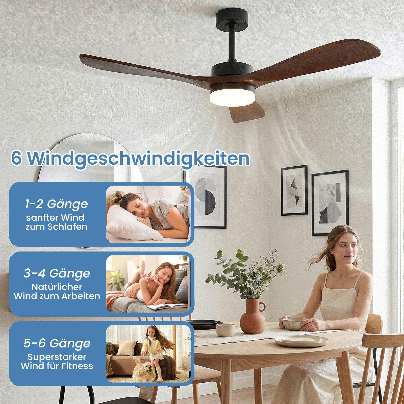 Rosnek Deckenventilator Massivholz mit Licht, App & Fernbedienung,leiser reversibler DC-Motor, 18W LED dimmbar, 6 Stufen, 3 Lichtfarben, für Schlafzimmer, Wohnzimmer