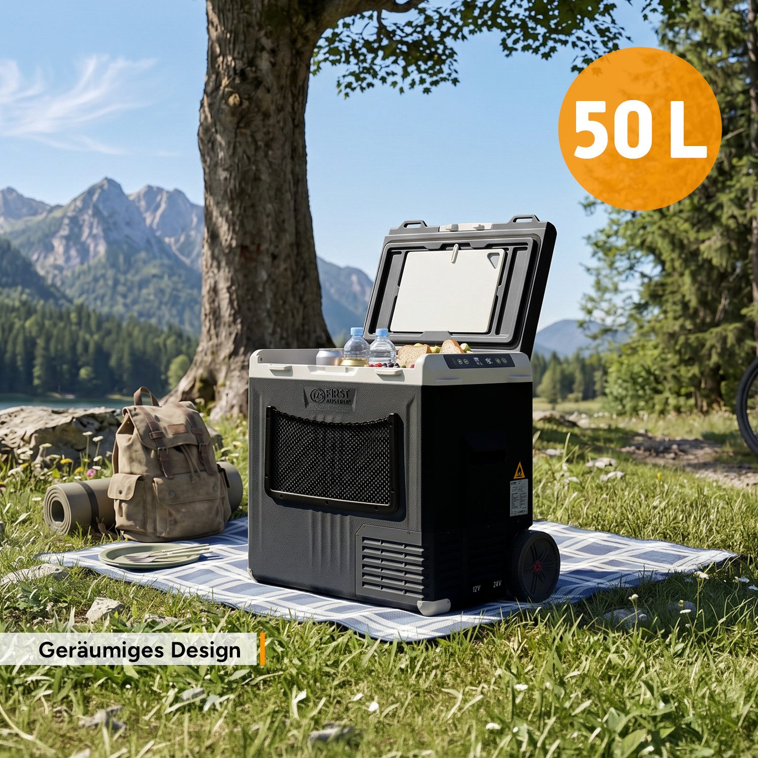 TZS FIRST AUSTRIA Elektrische Kühlbox Kompressor 50L, 12V / 230V Anschluss, App-Steuerung, Trolleyfunktion, Bis -20 °C, ECO & MAX Modus, inkl. Schneidebrett & F – Bild 5 von 5
