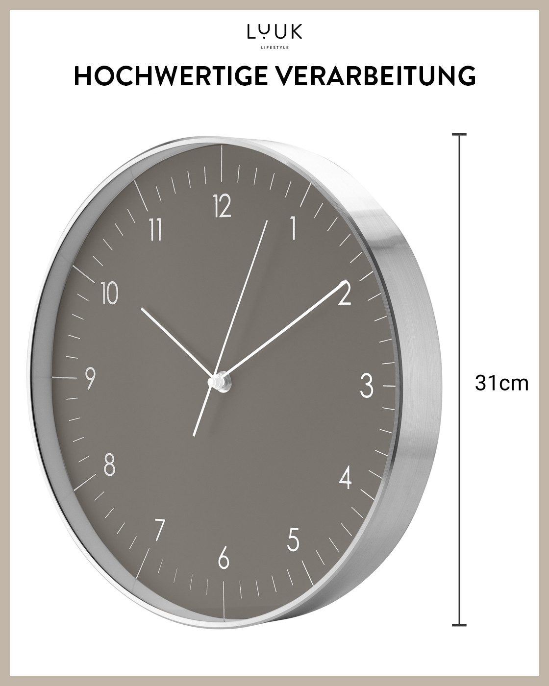 LUUK LIFESTYLE Wanduhr Helsinki (ohne Tickgeräusche, Quarzuhrwerk, große Ziffern, Sekundenzeiger)