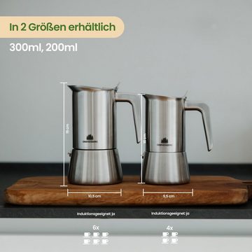 GRØNENBERG Espressokocher Edelstahl, Induktion geeignet, 6 Tassen, 0.3l Kaffeekanne, Inkl. Ersatzdichtung, Espressokanne frei von Aluminium & unbeschichtet