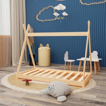 HAGO Kinderbett Montessori Kinderbett 160x80cm natur Tipi Spielbett Zeltform Holz