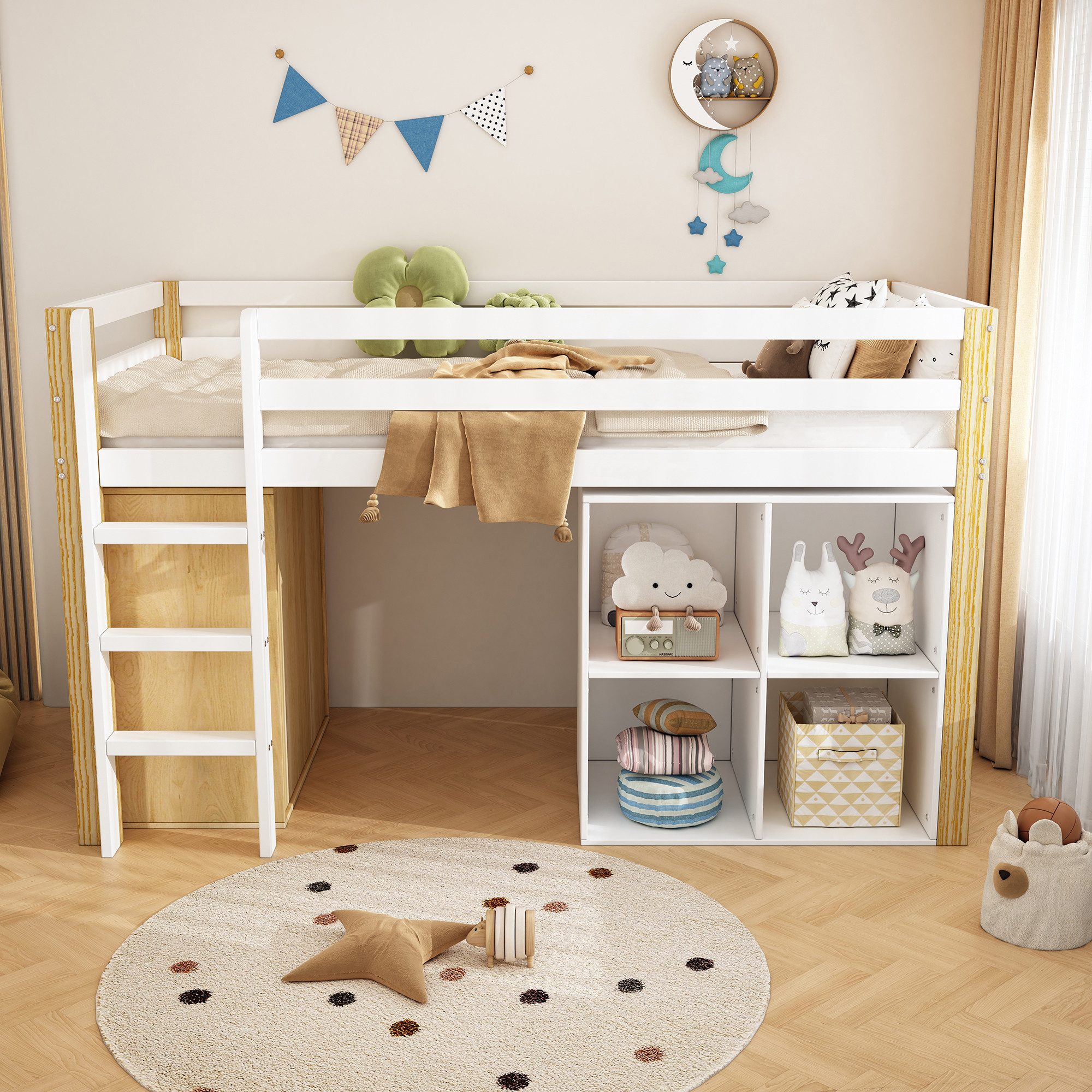 Flieks Hochbett Massivholz Kinderbett Etagenbett 90x200cm mit 2 Aufbewahrun günstig online kaufen