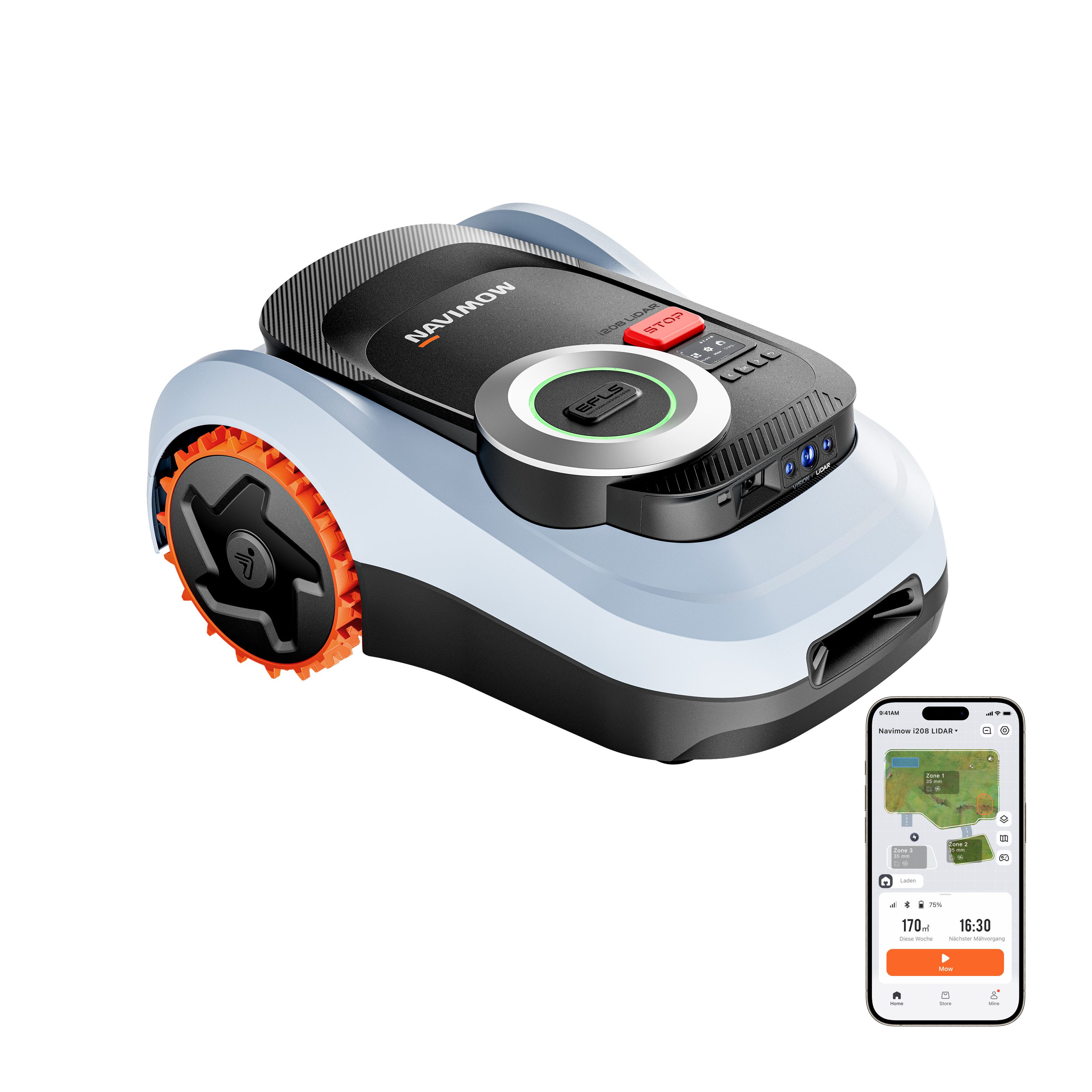 NAVIMOW Rasenmähroboter i208/i215/i220 LiDAR Mähroboter ohne Begrenzungskabel, bis 800 m² Rasenfläche, (1-St., Geländereifen für Hänge bis 45 % Neigung, LiDAR und Vision Dual System), Automatisches Ein-Tipp-Kartieren, Ohne Drähte oder Antenne