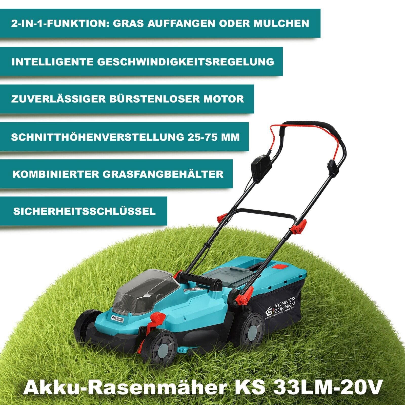 Könner & Söhnen Akku-Rasentrimmer KS 33LM-20V + KS C24A + KS 20V2-1, (1 St), 5-fache Schnitthöhe 25-75mm, 30L Korb, Mulchfunktion