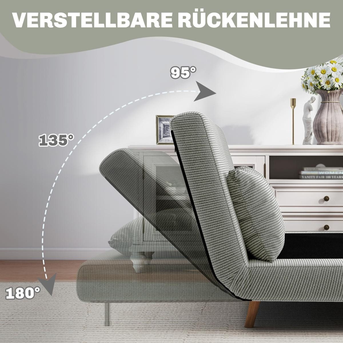 FELIXLEO Schlafsofa Schlafsofa Gästebett 3-fach verstellbare Rückenlehne bis 120 kg Grau, 1 Teile