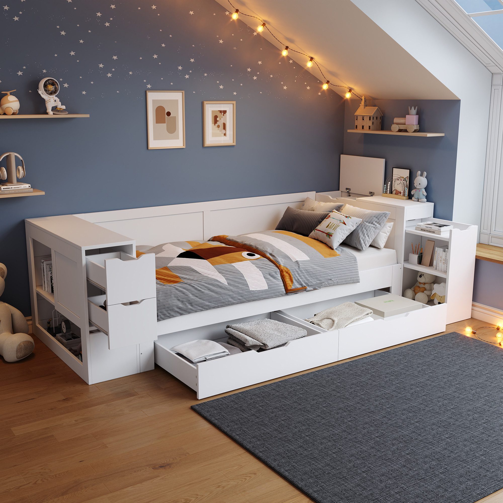 Odikalo Kinderbett Schlafsofa Einzelbett Schublade Regalen Nachttisch 90/140x200cm Weiß