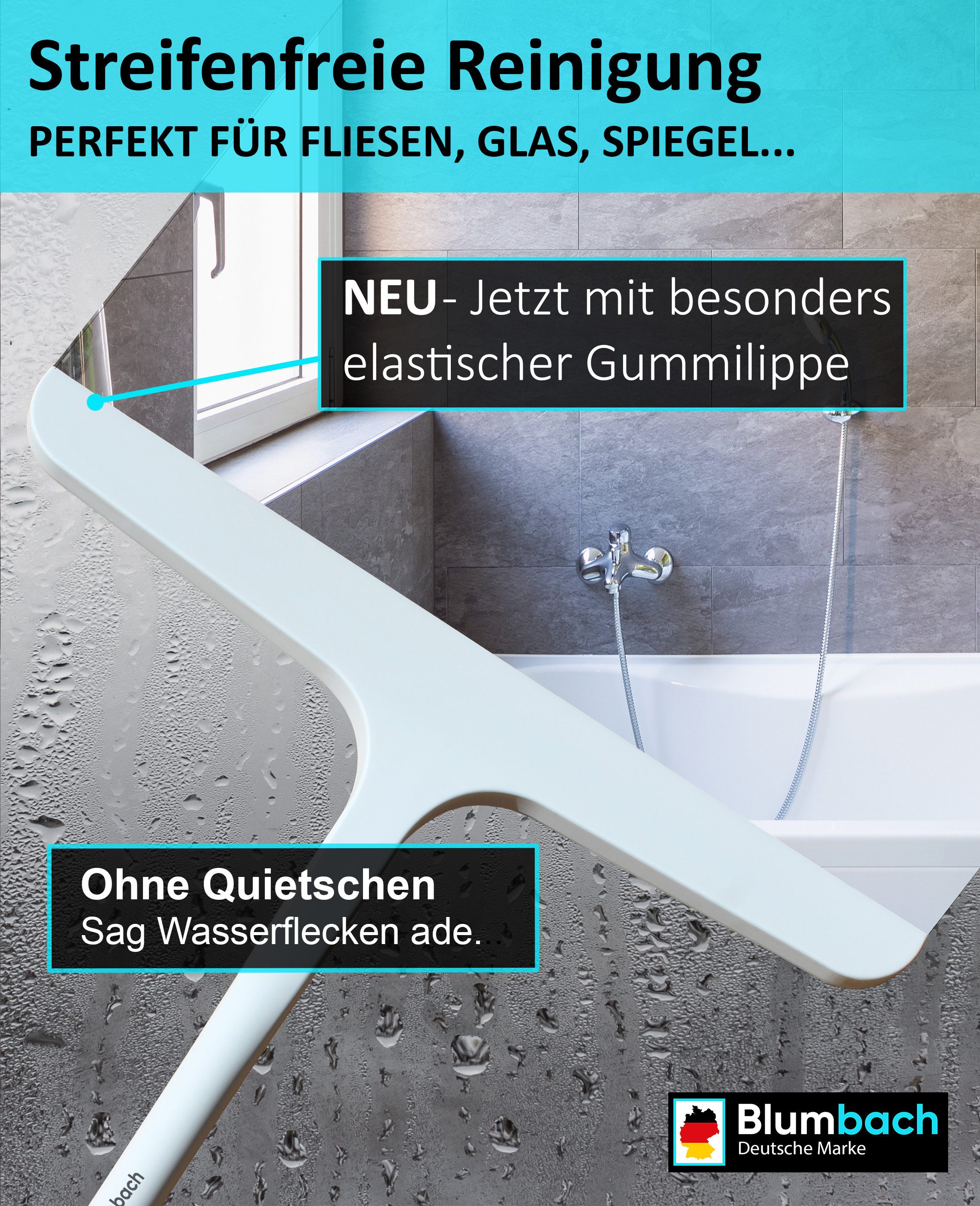 Blumbach Duschabzieher - Silikon Abzieher inkl. 2 Mikrofaser Trockentücher 40 x 60 cm, (Abzieher Dusche 28 cm breit mit 2 Halterungen), Mikrofasertücher für Dusche, Bad und Auto