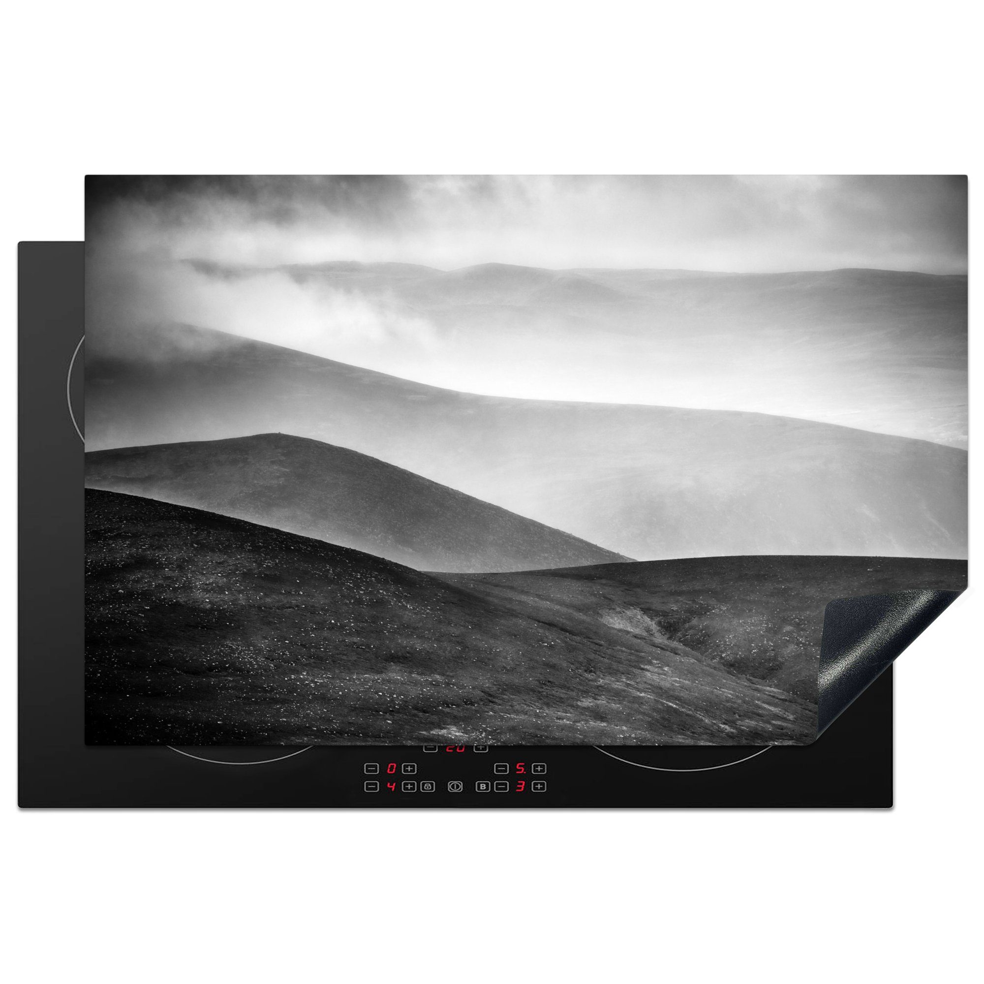 MuchoWow Herdblende-/Abdeckplatte Schwarz-Weiß-Bild der Silhouetten der Berge, Vinyl, (1 tlg), 81x52 cm, Induktionskochfeld Schutz für die küche, Ceranfeldabdeckung