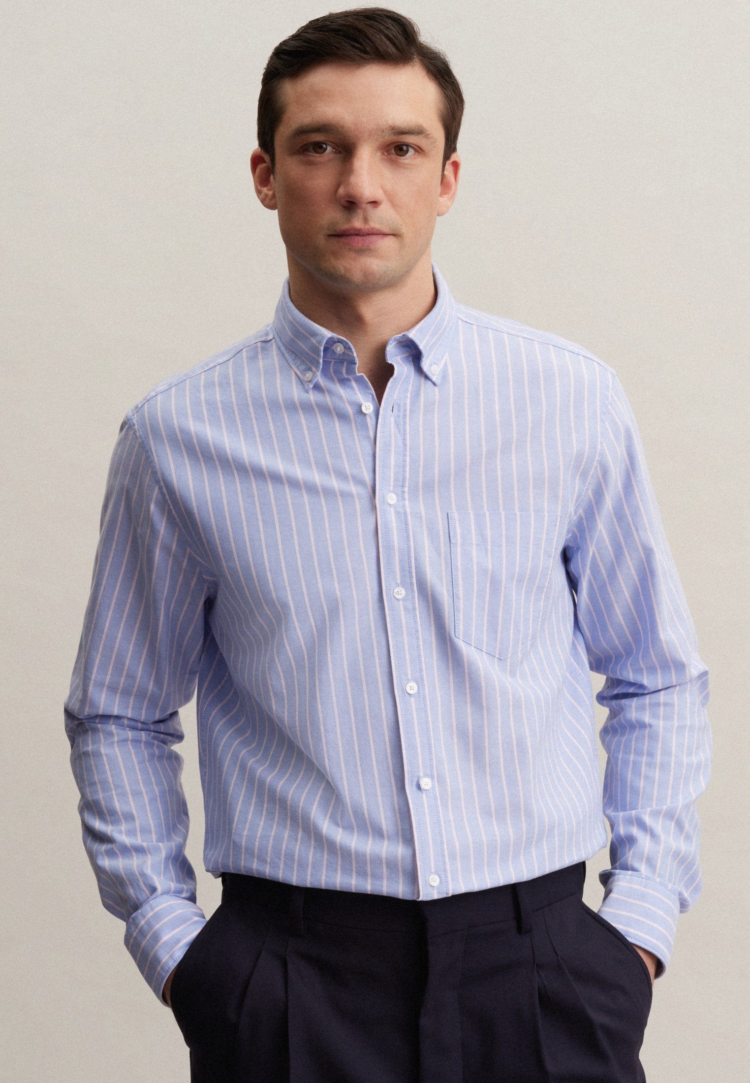 Baumwolle Regular Businesshemd 100% Button-Down-Kragen Material: seidensticker Regular Streifen, Langarm