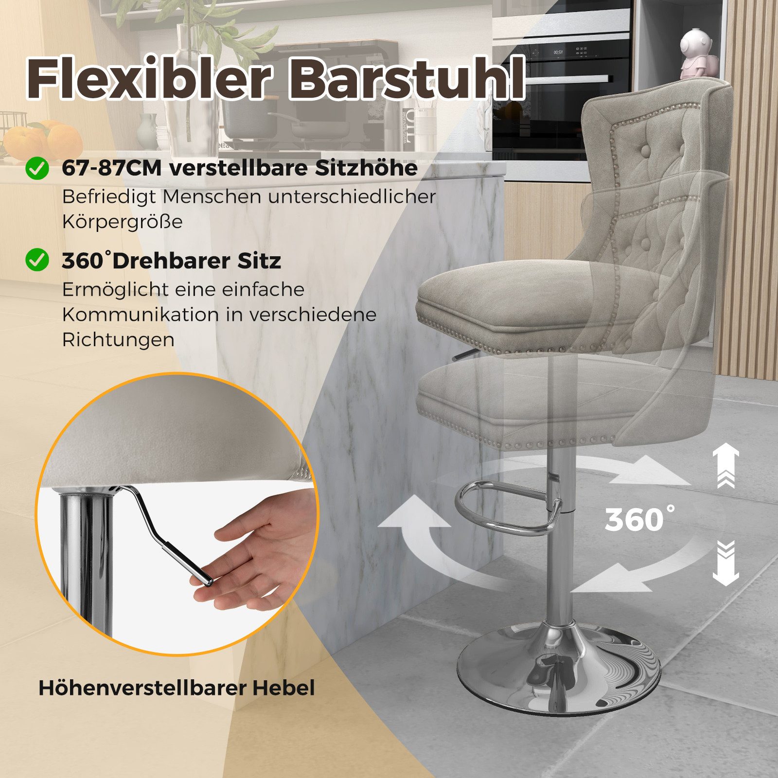 COSTWAY Barhocker (2er Set), Barstühle 67-87cm höhenverstellbar aus Samt, drehbar