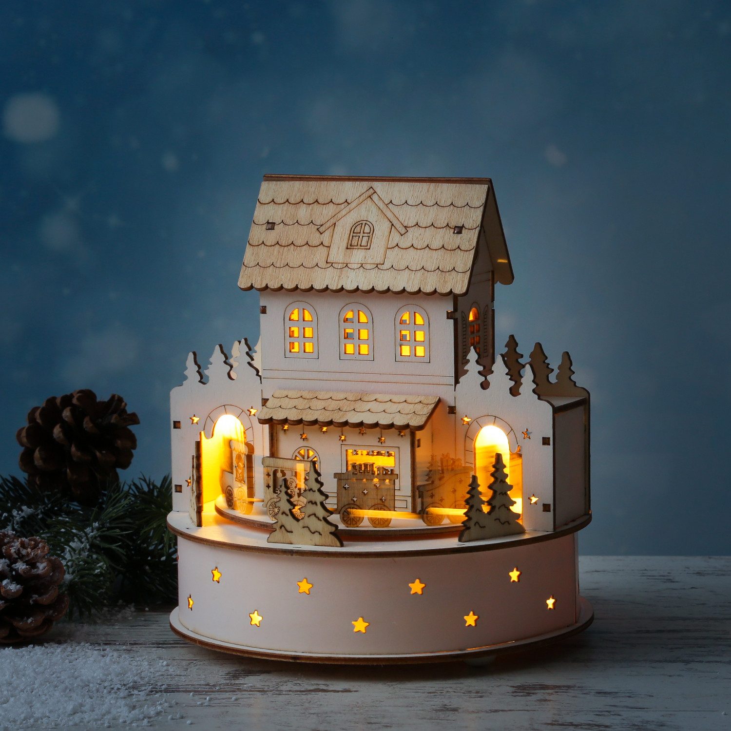 MARELIDA Weihnachtshaus LED Weihnachtsszene mit Musik/fahrendem Zug Weihnac günstig online kaufen