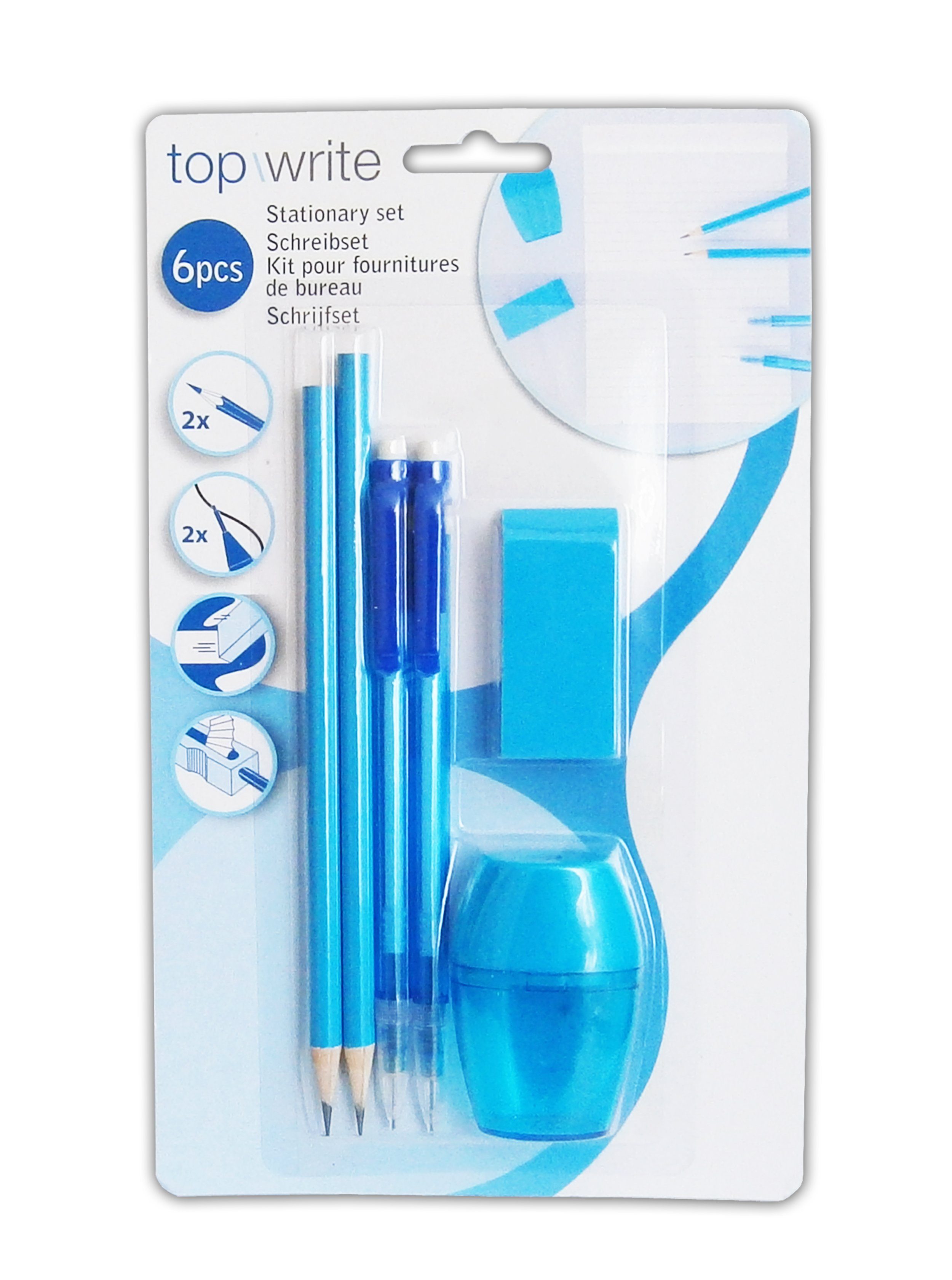 EDCO Druckbleistift SCHREIBSET 6-tlg. Malset 2x Bleistift 2x Druckbleistift 58 (Blau), Radierer Anspitzer