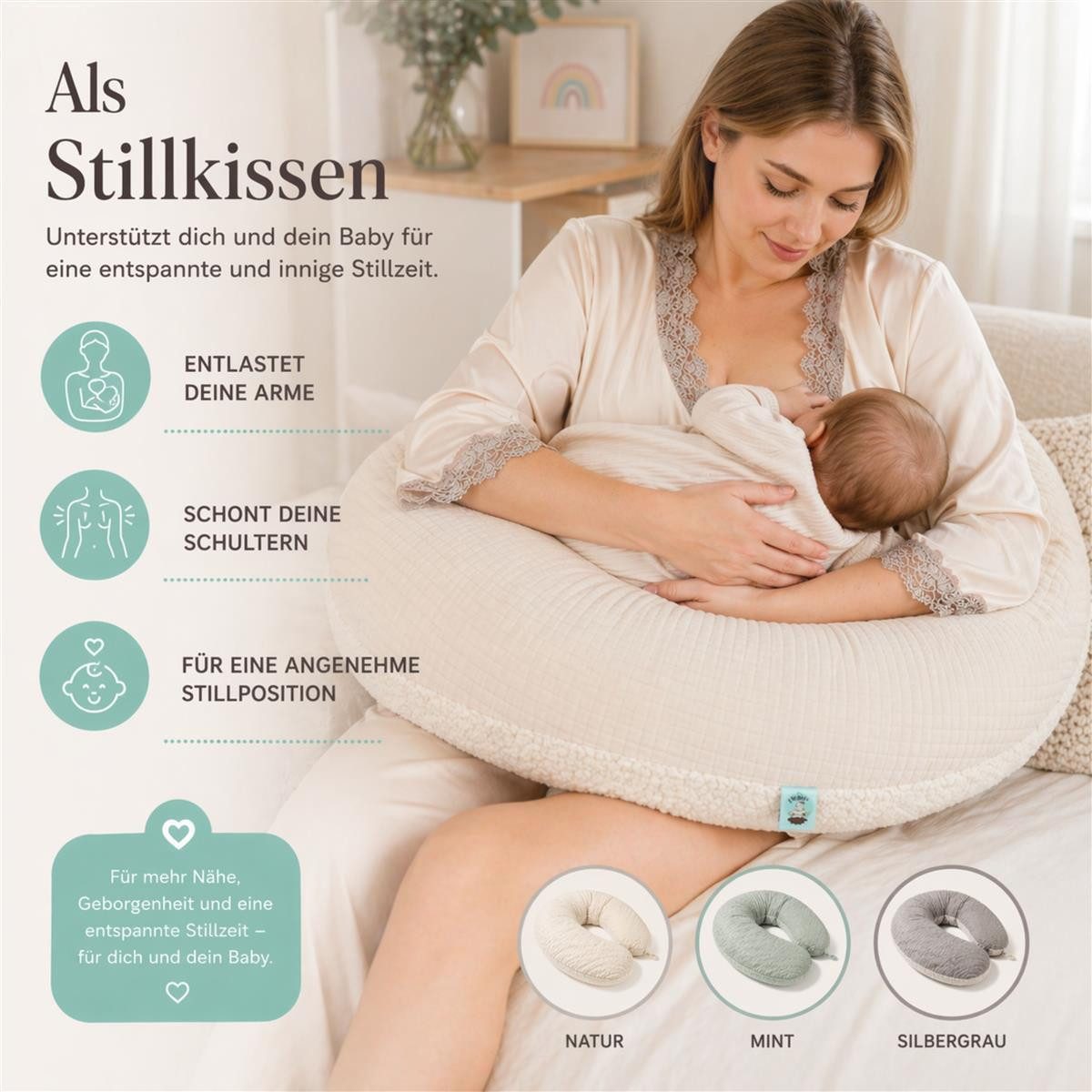 SEI Design Stillkissen Musselin GOTS & Teddyplüsch, Faserbällchen, IGR, Natur, 190x35, Schwangerschaftskissen mit Bezug, 1-tlg., Schwangerschaftskissen mit Bezu – Bild 4 von 5