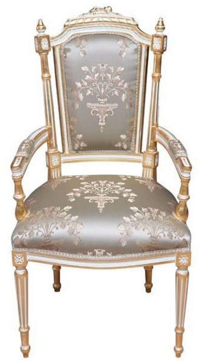 Casa Padrino Esszimmerstuhl Barock Esszimmerstuhl Silber / Weiß / Gold - Handgefertigter Antik Stil Stuhl mit Armlehnen - Esszimmer Möbel im Barockstil