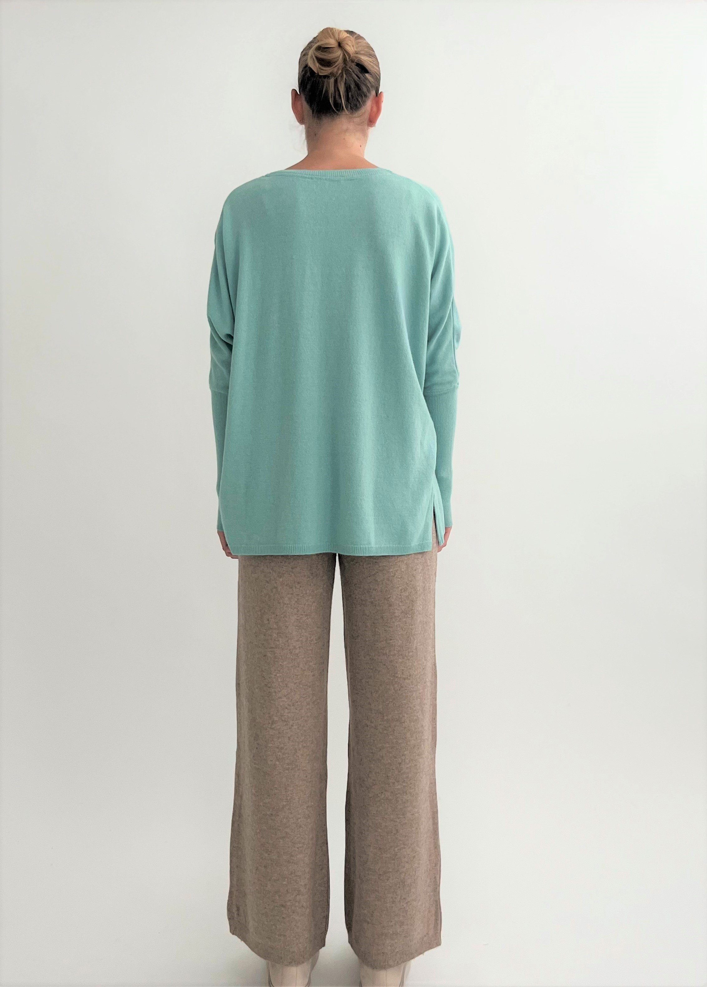 Zuckerwatte Merino Cashmere weicher modisch V-Ausschnitt-Pullover aqua aus Armbund hohem mit Mischung