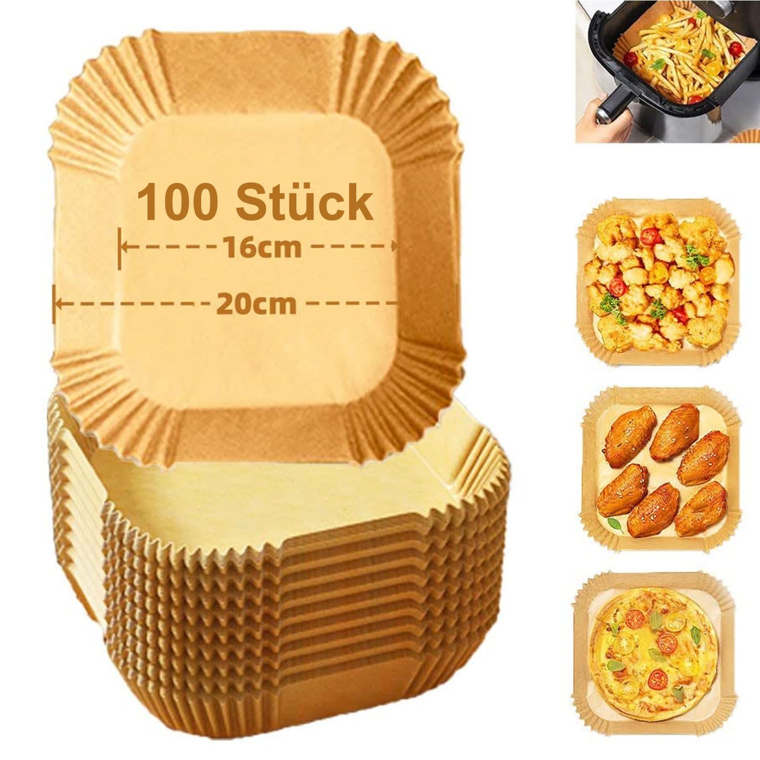 SURFOU Backpapier für Heißluftfritteuse-3–5L, Air Fryer Backpapier 16 cm-100/200 Stück, Antihaft & ölfestes Backpapier – Ø16 cm, Höhe 4,5 cm, Quadratisch