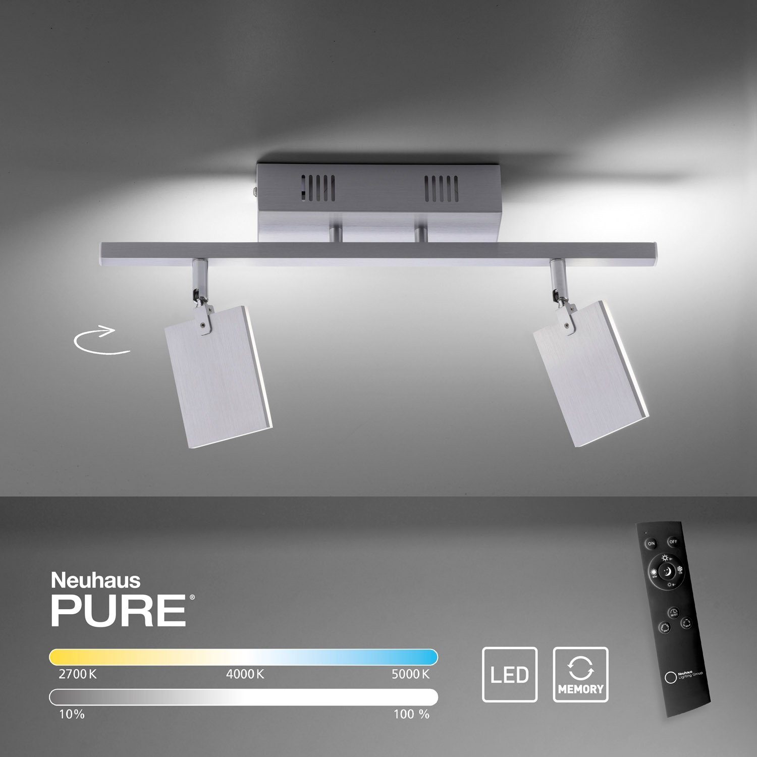 Paul Neuhaus LED cm, Deckenlampe MIRA, - Deckenstrahler kaltweiß, 2-flammig, PURE warmweiß Aluminium, Memoryfunktion, integriert, LED Dimmfunktion, 52 Breite Kunststoff, fest