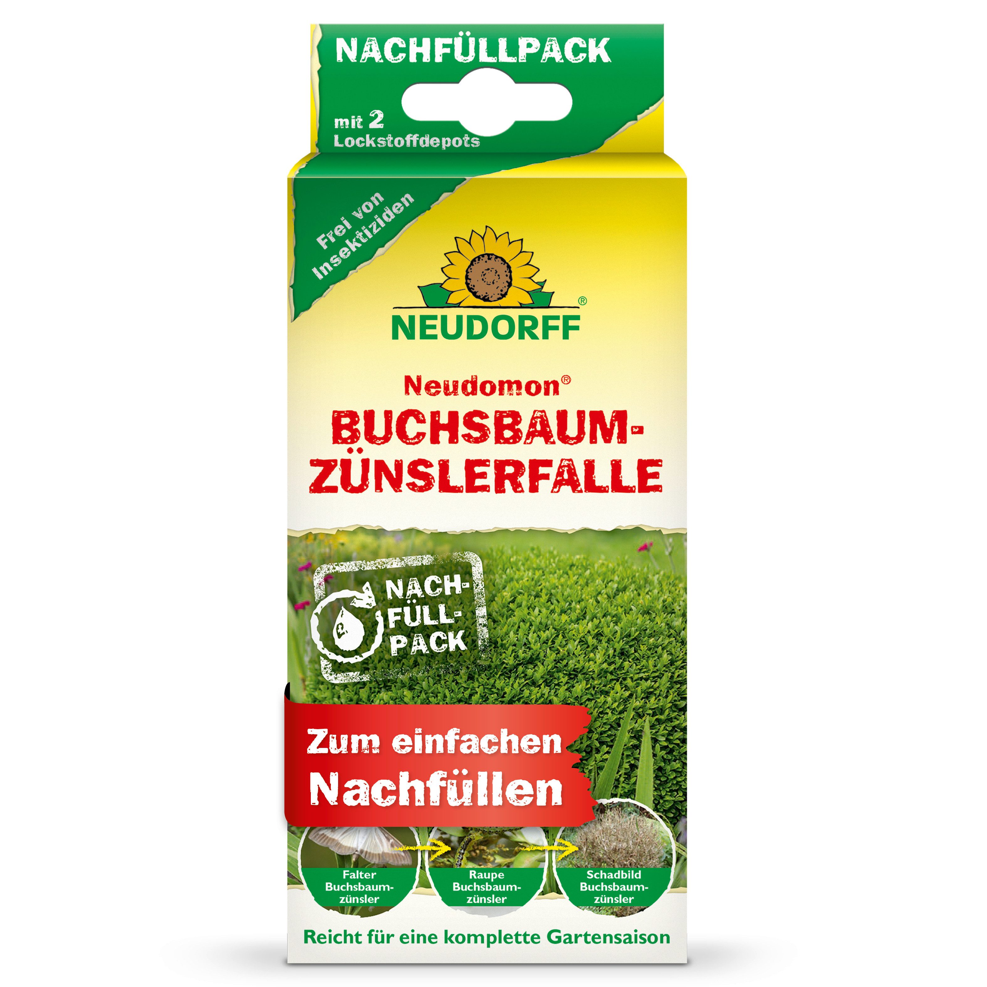 Neudorff Tierfallen-Köder Neudomon BuchsbaumzünslerFalle Nachfüllpack 1 Stk., 2 Stück, Nachfüllpack für Buchsbaumzünsler-Falle, 2 Lockstoffdepots, 2 Lockstoffdepots für bis zu 200 m² Gartenfläche