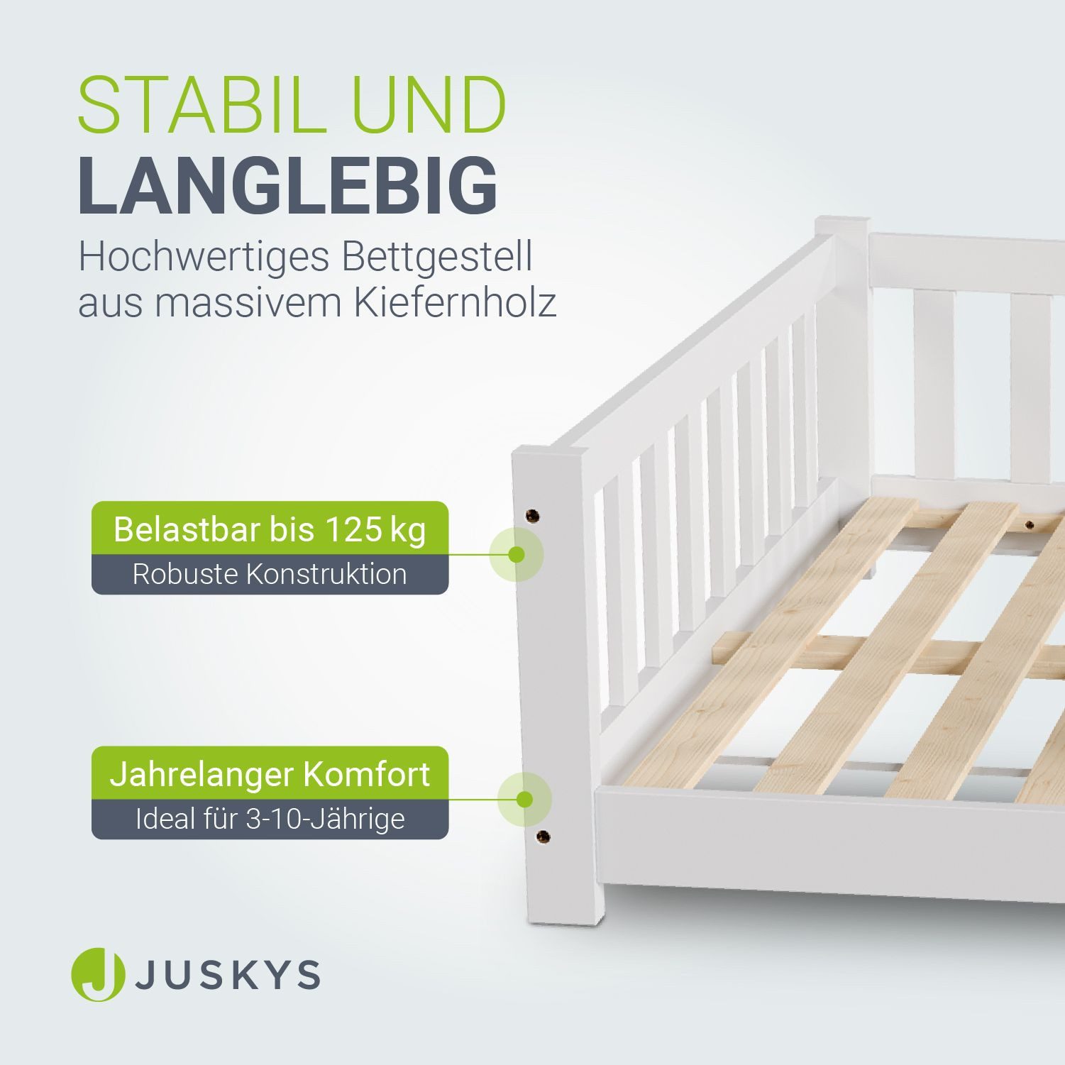 Juskys Kinderbett Naya, 120x200 cm Bodenbett, Holz, mit Matratze, Rausfallschutz & Lattenrost
